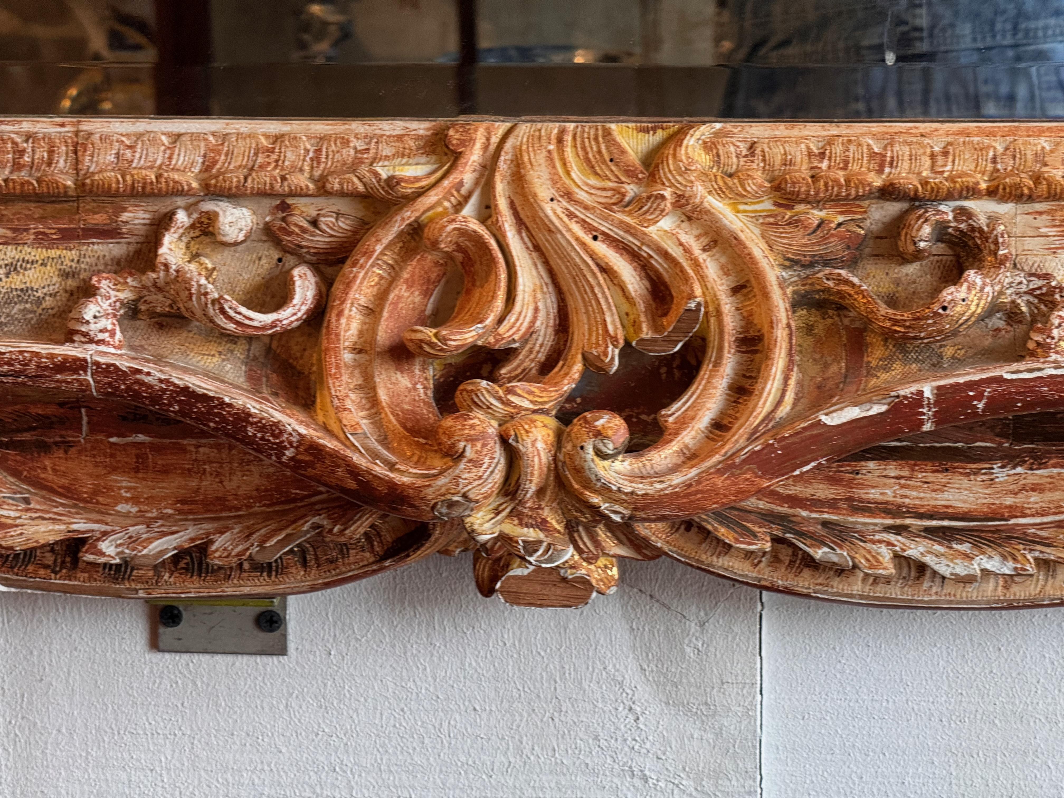 Wood Mid 19th Century Large Carved Mirror With Distressed Polychrome Finish For Sale