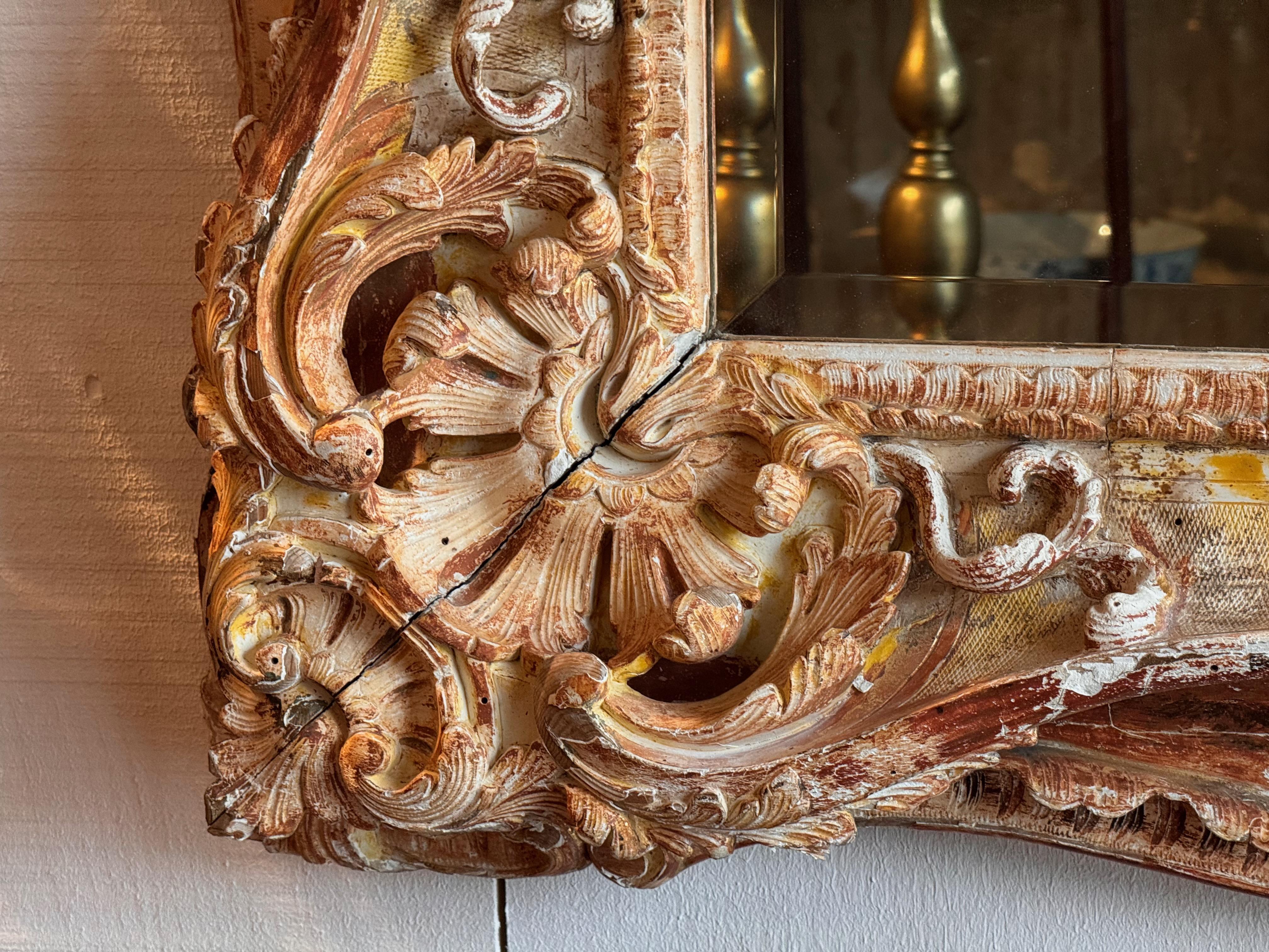 Mid 19th Century Large Carved Mirror With Distressed Polychrome Finish For Sale 1