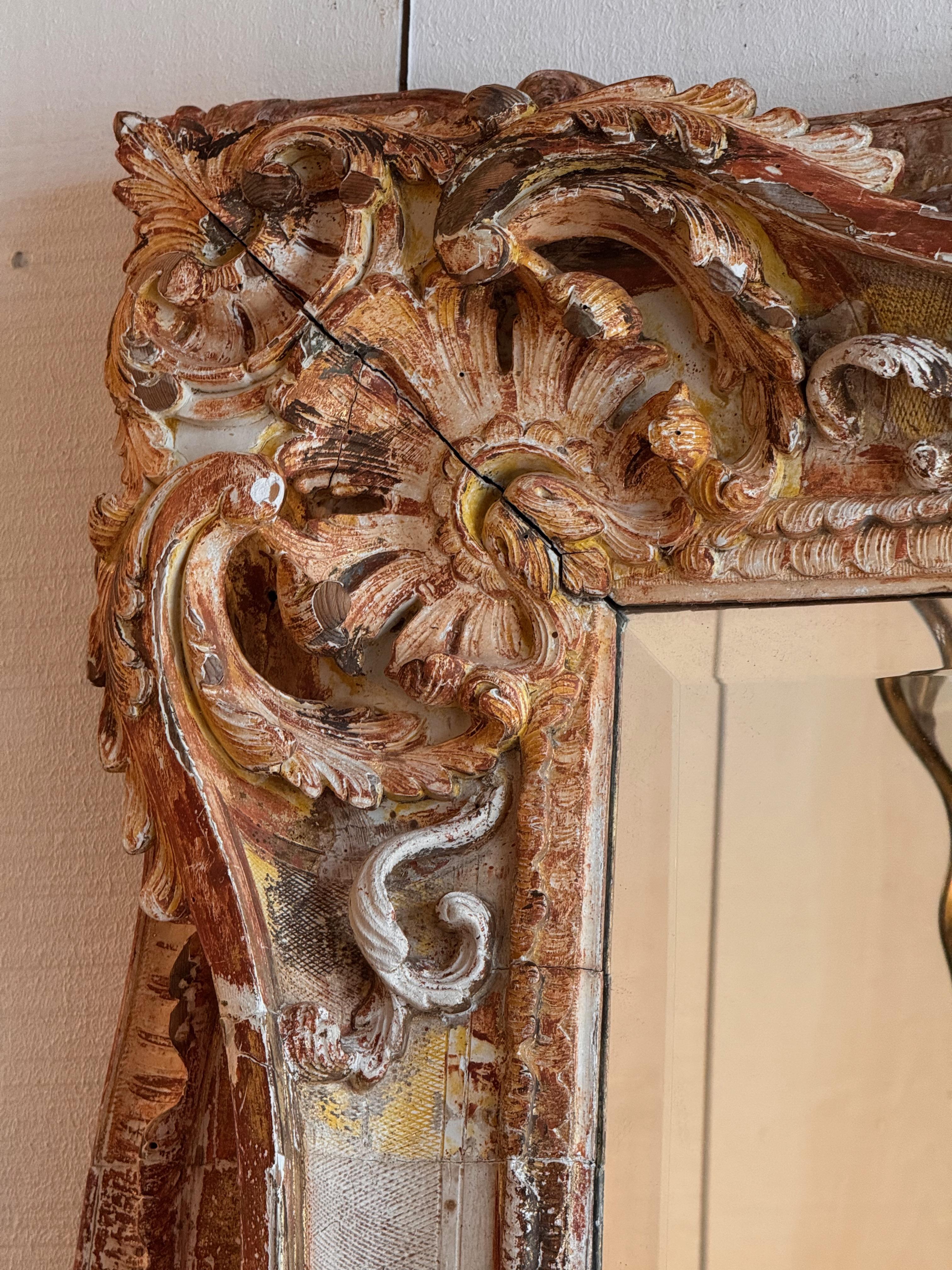 Mid 19th Century Large Carved Mirror With Distressed Polychrome Finish For Sale 2