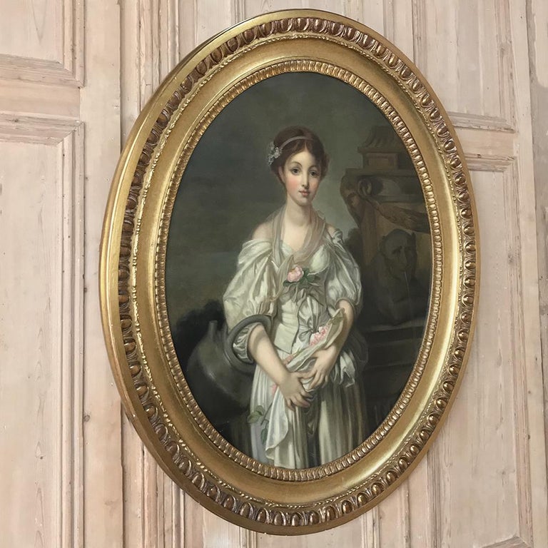 Mid19th Century Large Framed Oval Oil Portrait on Canvas For Sale at
