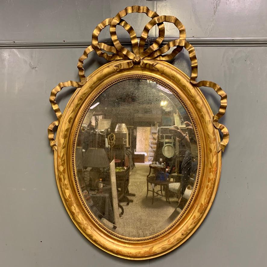 Louis Philippe Mid-19th Century Large French Oval Gilt Mirror with Ribbon Cartouche