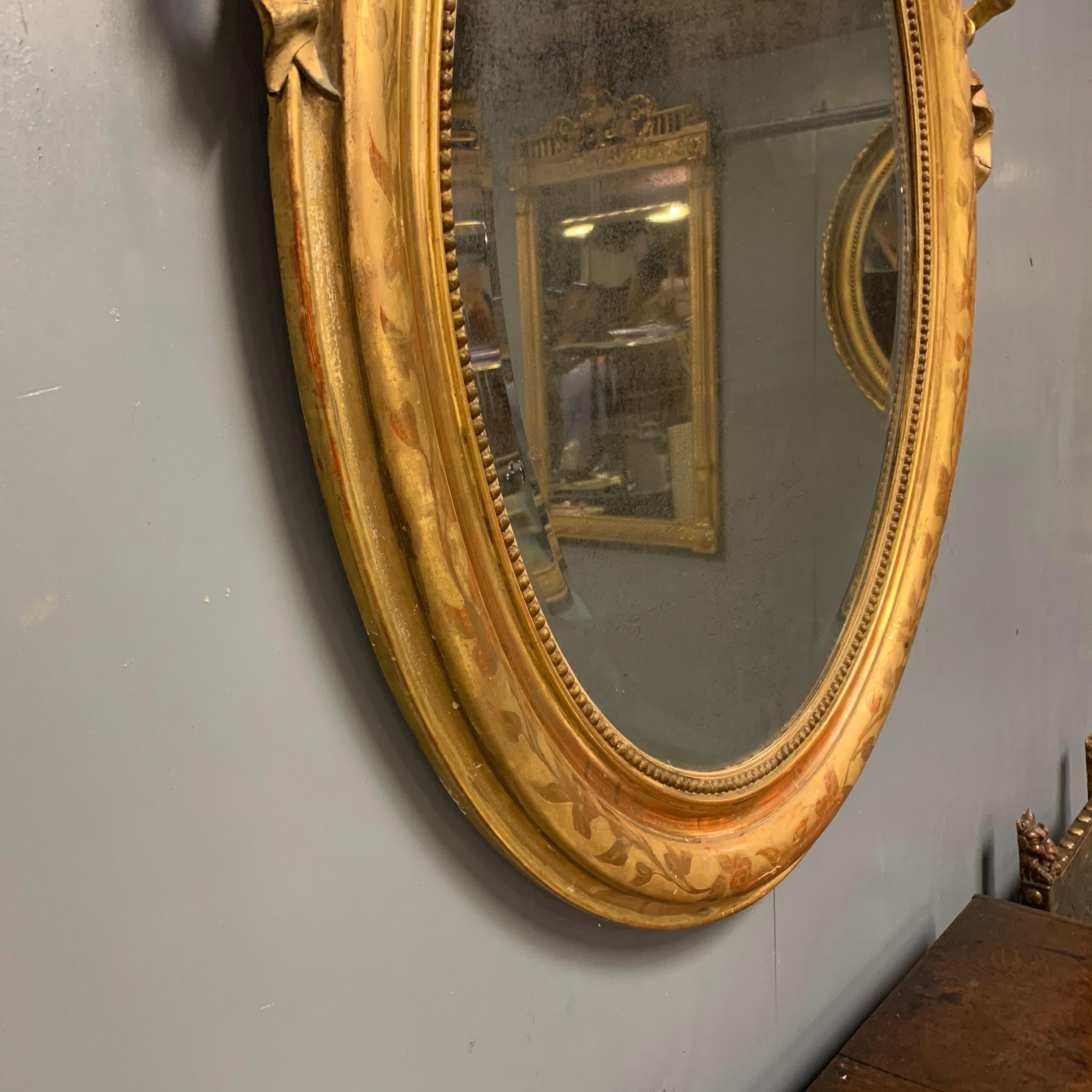 Mid-19th Century Large French Oval Gilt Mirror with Ribbon Cartouche 2