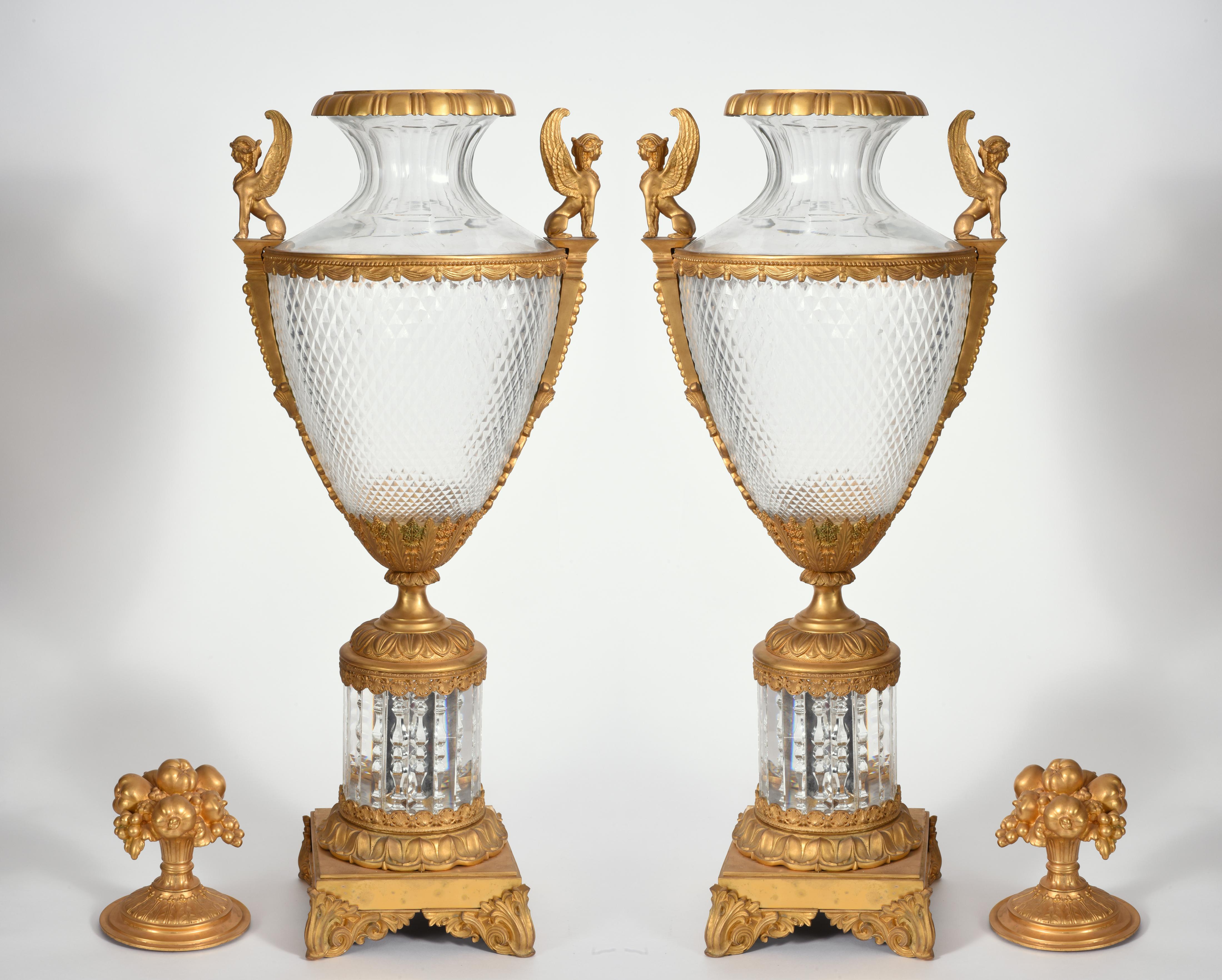Neoclassical Mid-19th Century Large Matching Pair of Bronze or Cut Glass Urns