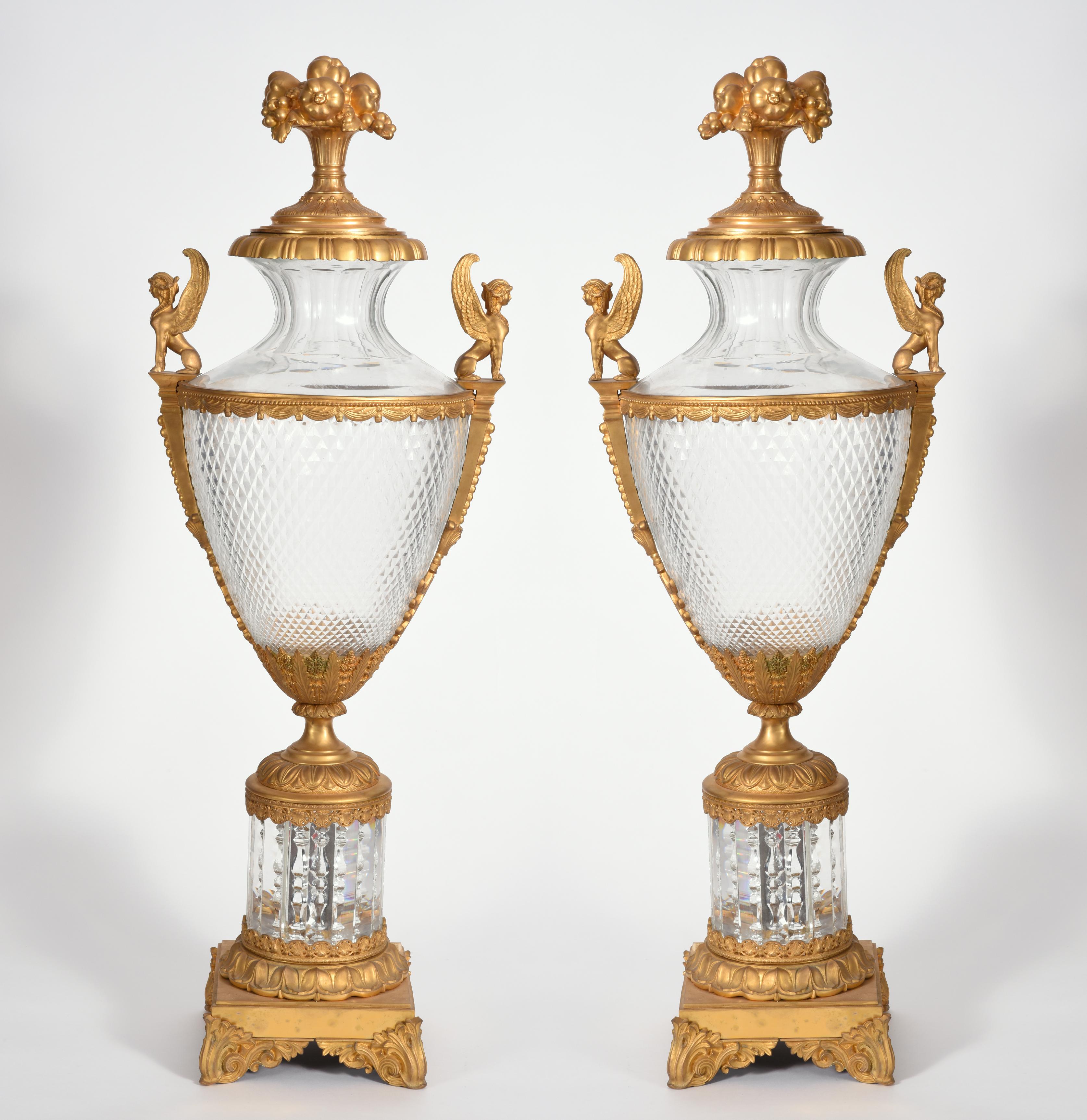 French Mid-19th Century Large Matching Pair of Bronze or Cut Glass Urns