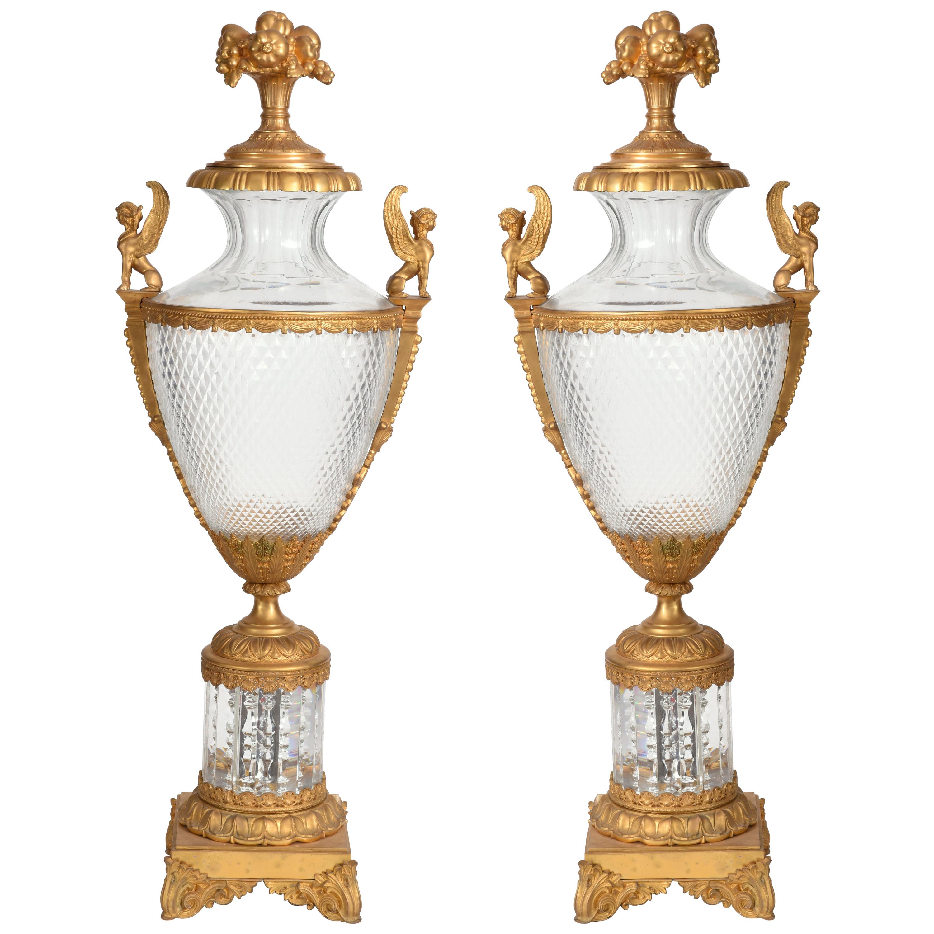 Mid-19th Century Large Matching Pair of Bronze or Cut Glass Urns