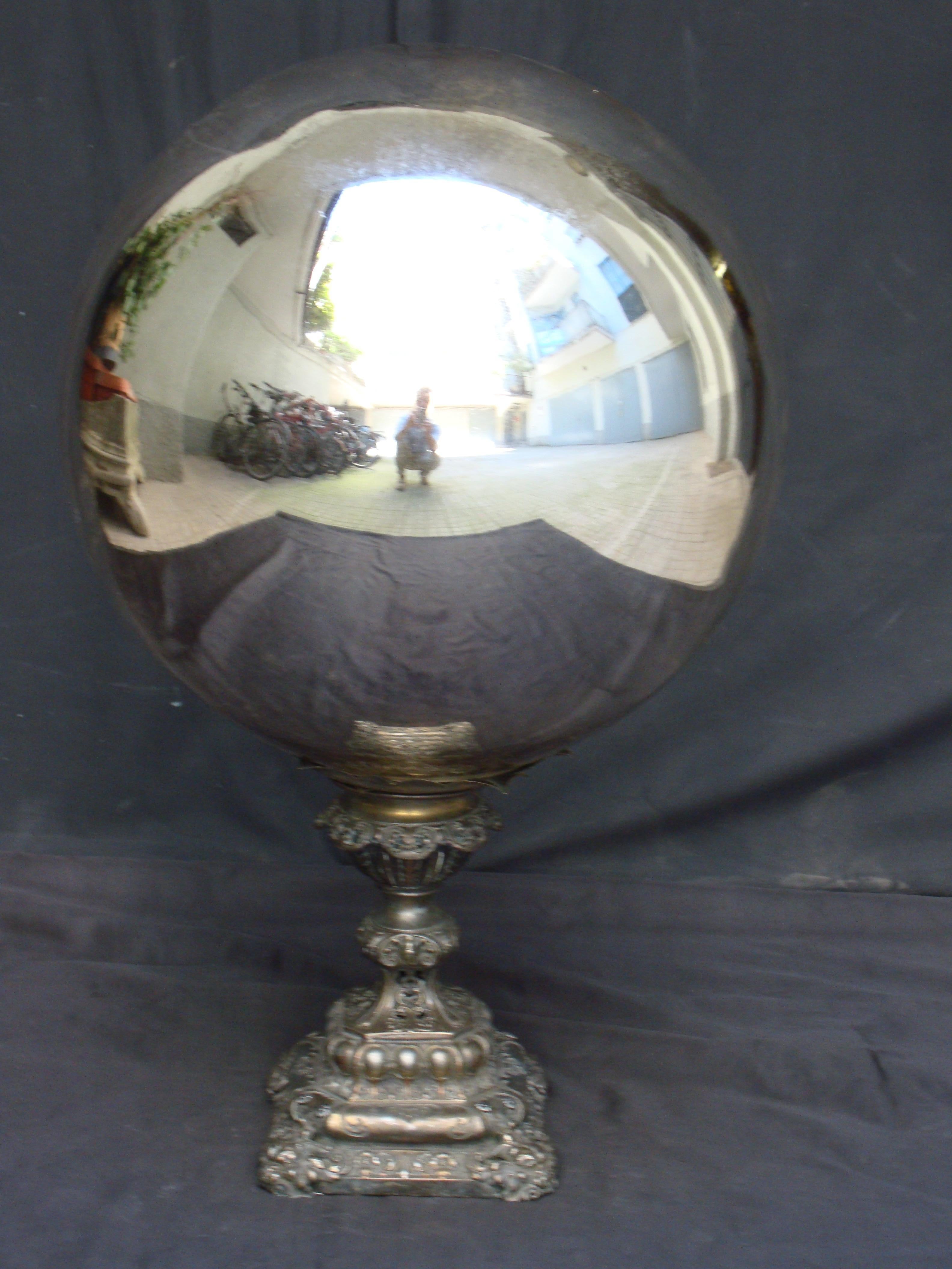 Late 19th Century Mid-19th Century Large Mercury Glass Witch Ball, on Metal Base For Sale