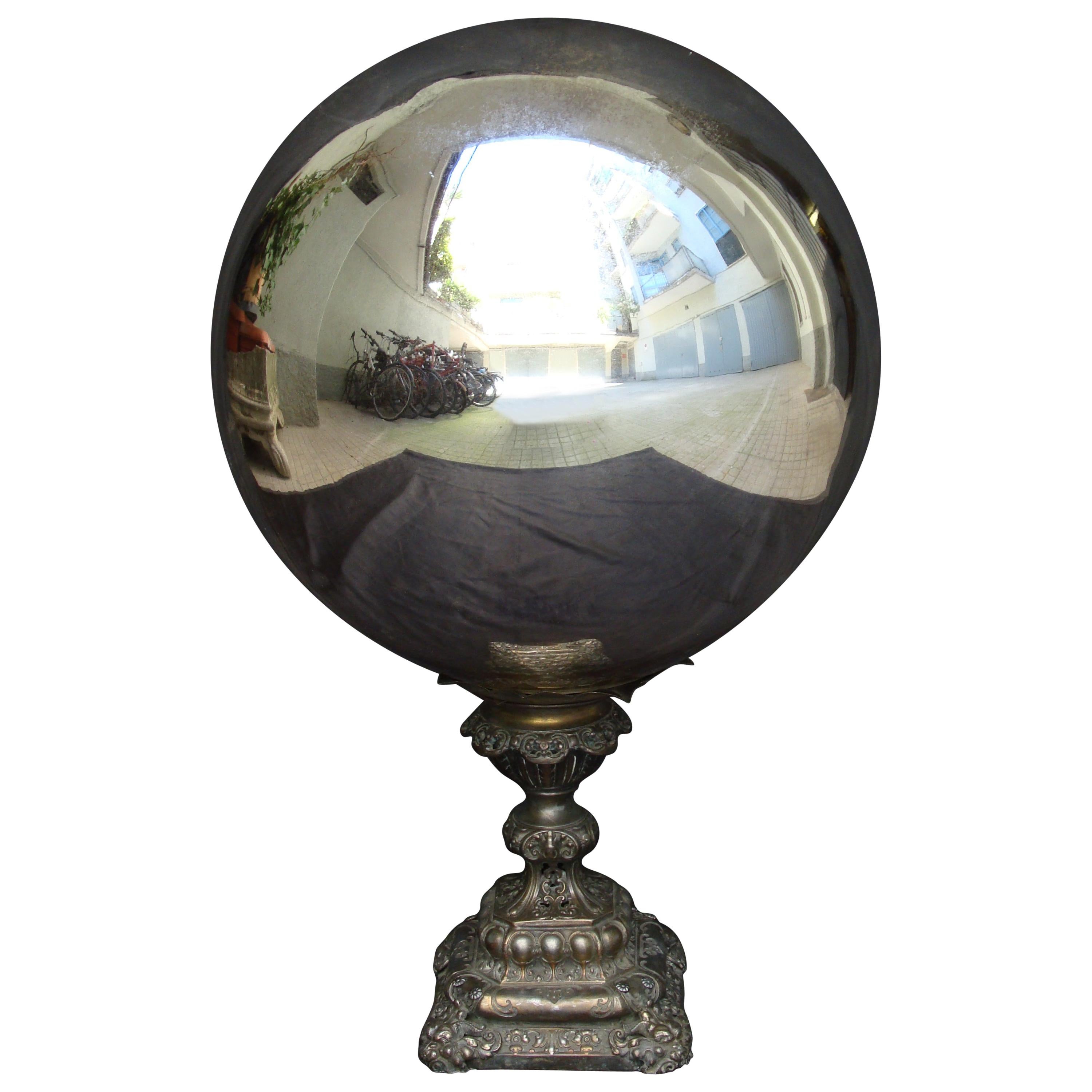 Mid-19th Century Large Mercury Glass Witch Ball, on Metal Base For Sale