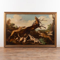 Mid 19th Century Large Original Oil on Canvas of "The Stag Hunt, " Spain