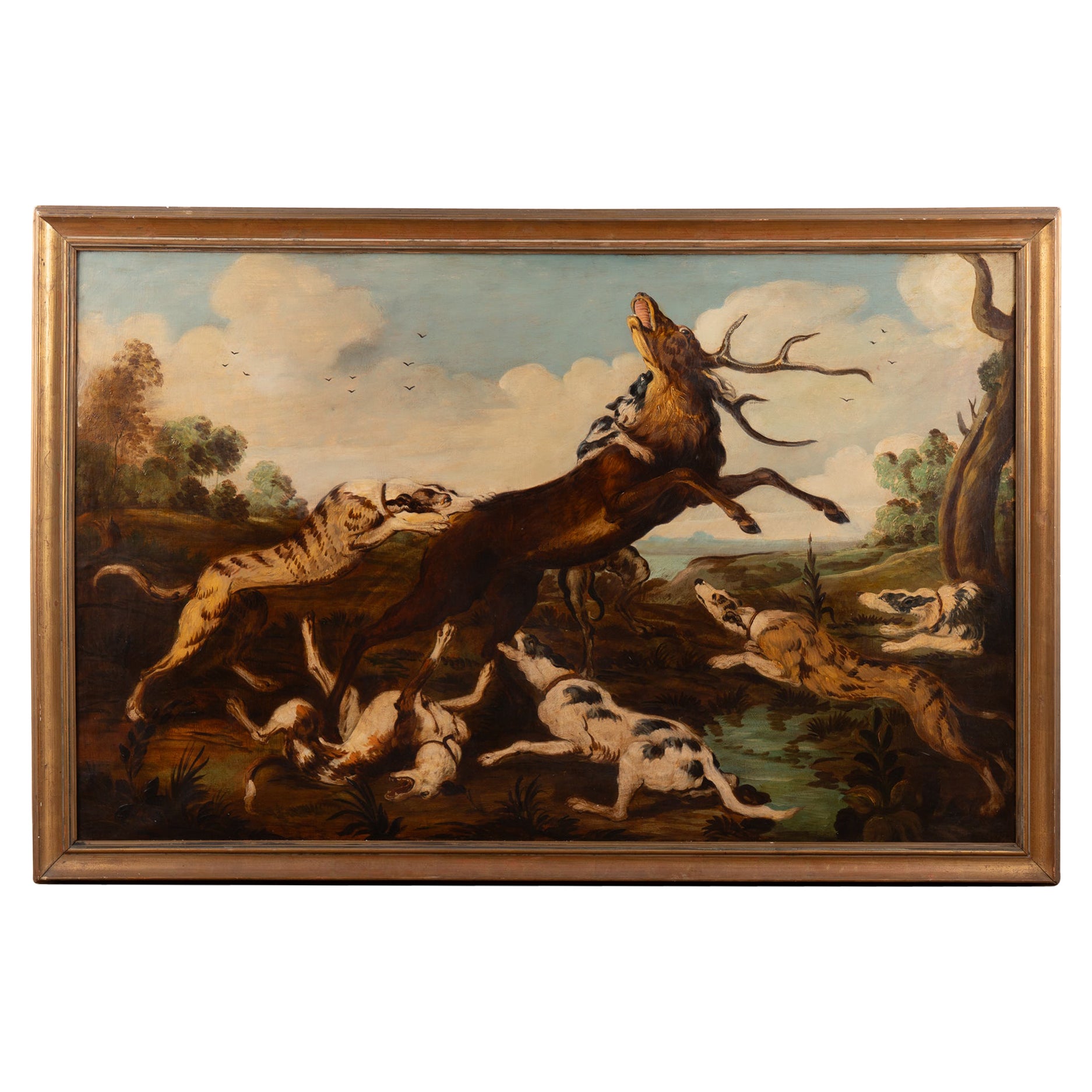 Mid 19th Century Large Original Oil on Canvas of "The Stag Hunt, " Spain