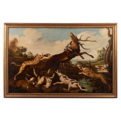 Mid 19th Century Large Original Oil on Canvas of "The Stag Hunt, " Spain