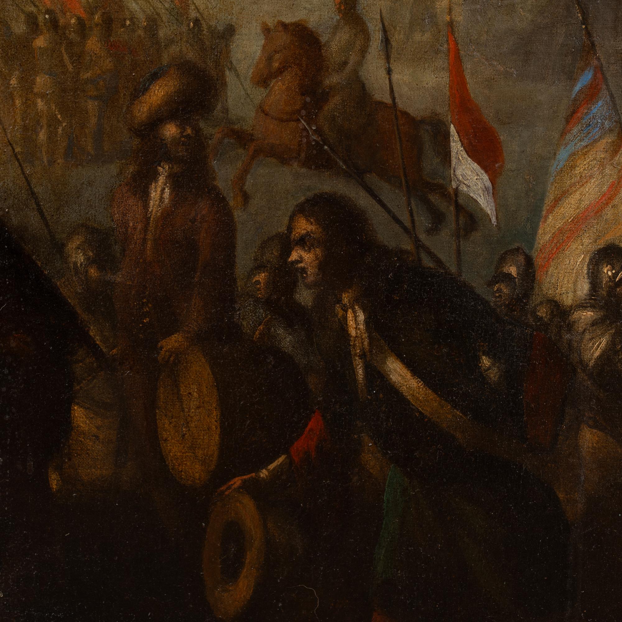 Grande peinture originale sur toile du milieu du 19e siècle représentant une scène de bataille en vente 2