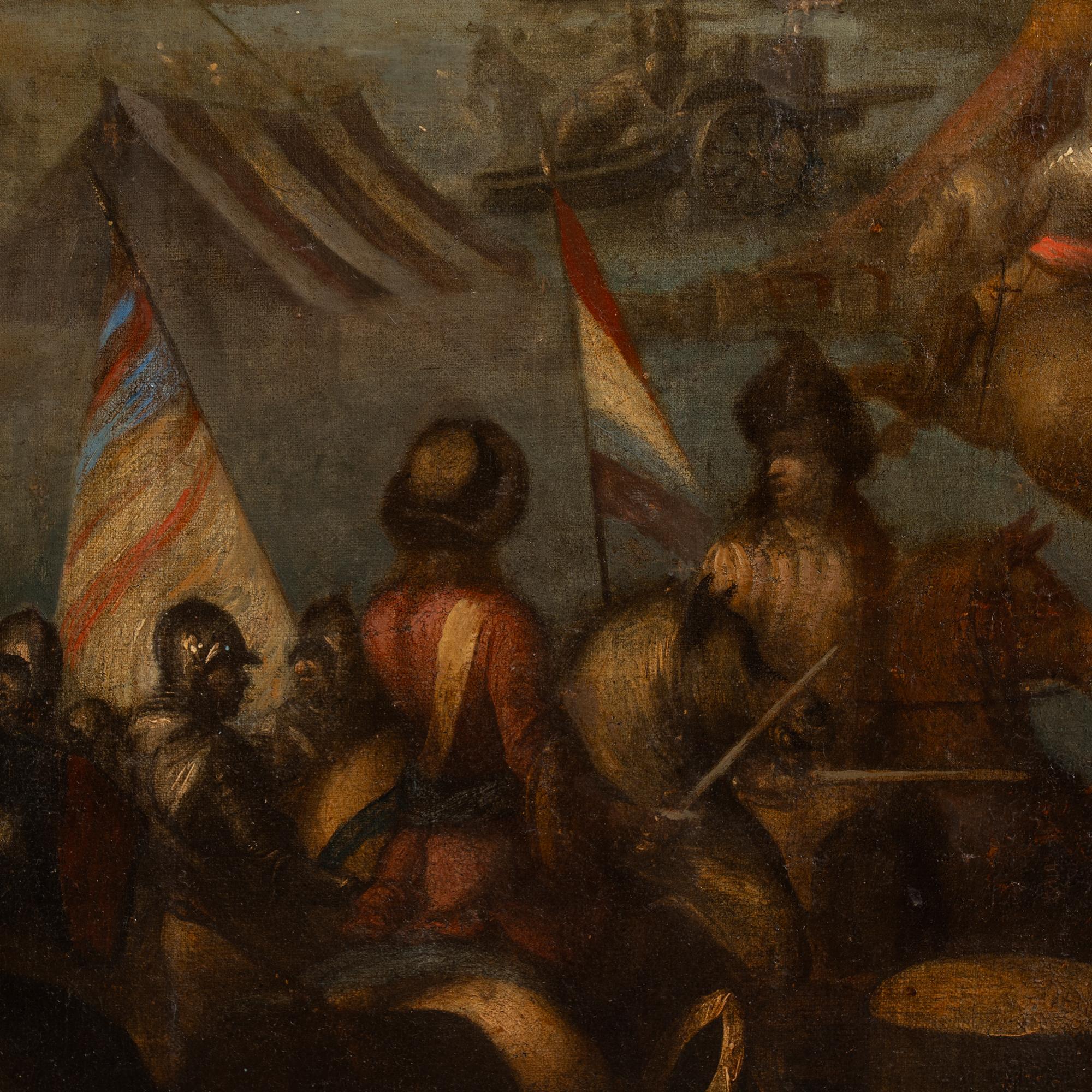Grande peinture originale sur toile du milieu du 19e siècle représentant une scène de bataille en vente 3
