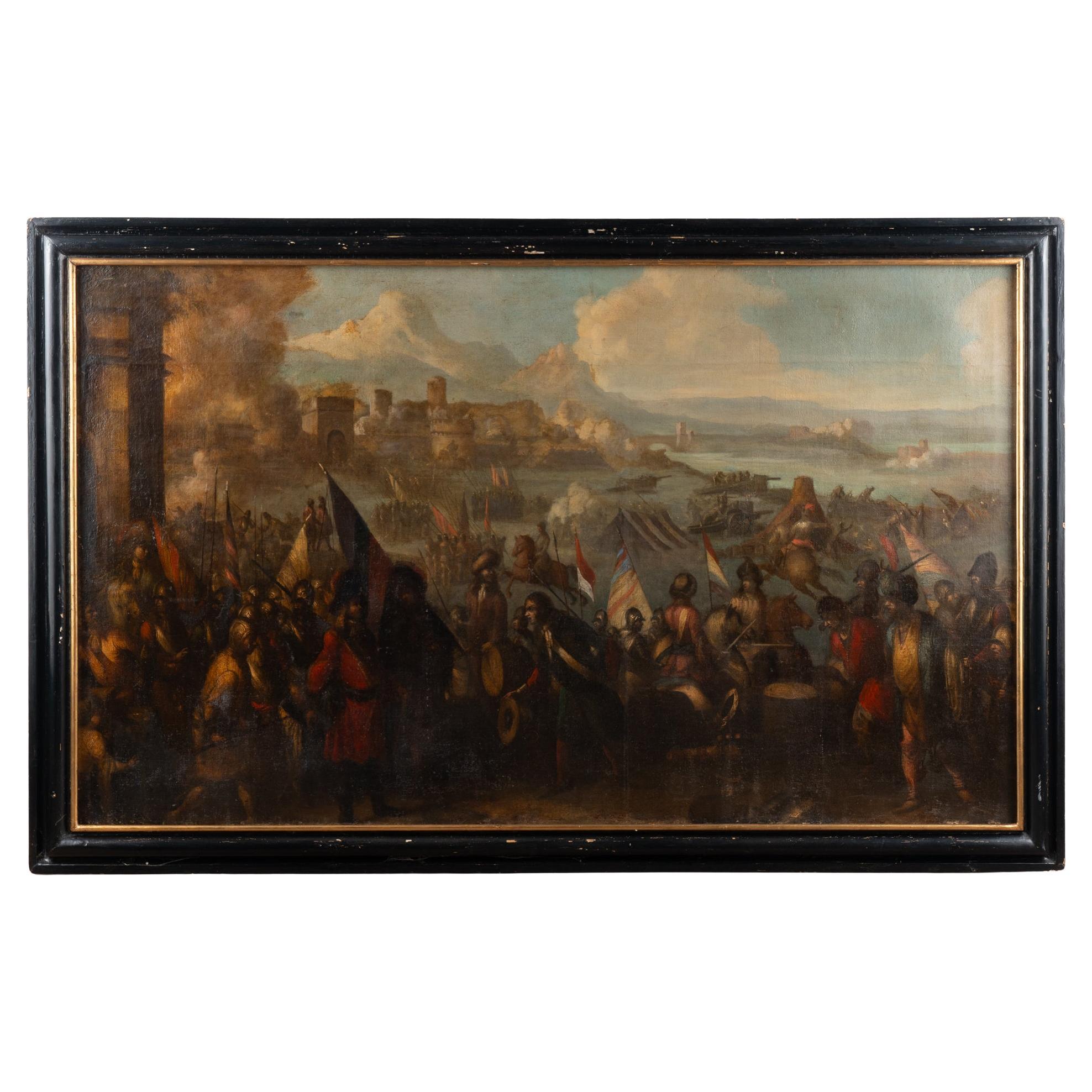 Mid 19th Century Large Original Oil on Canvas Painting of Battle Scene Surrender