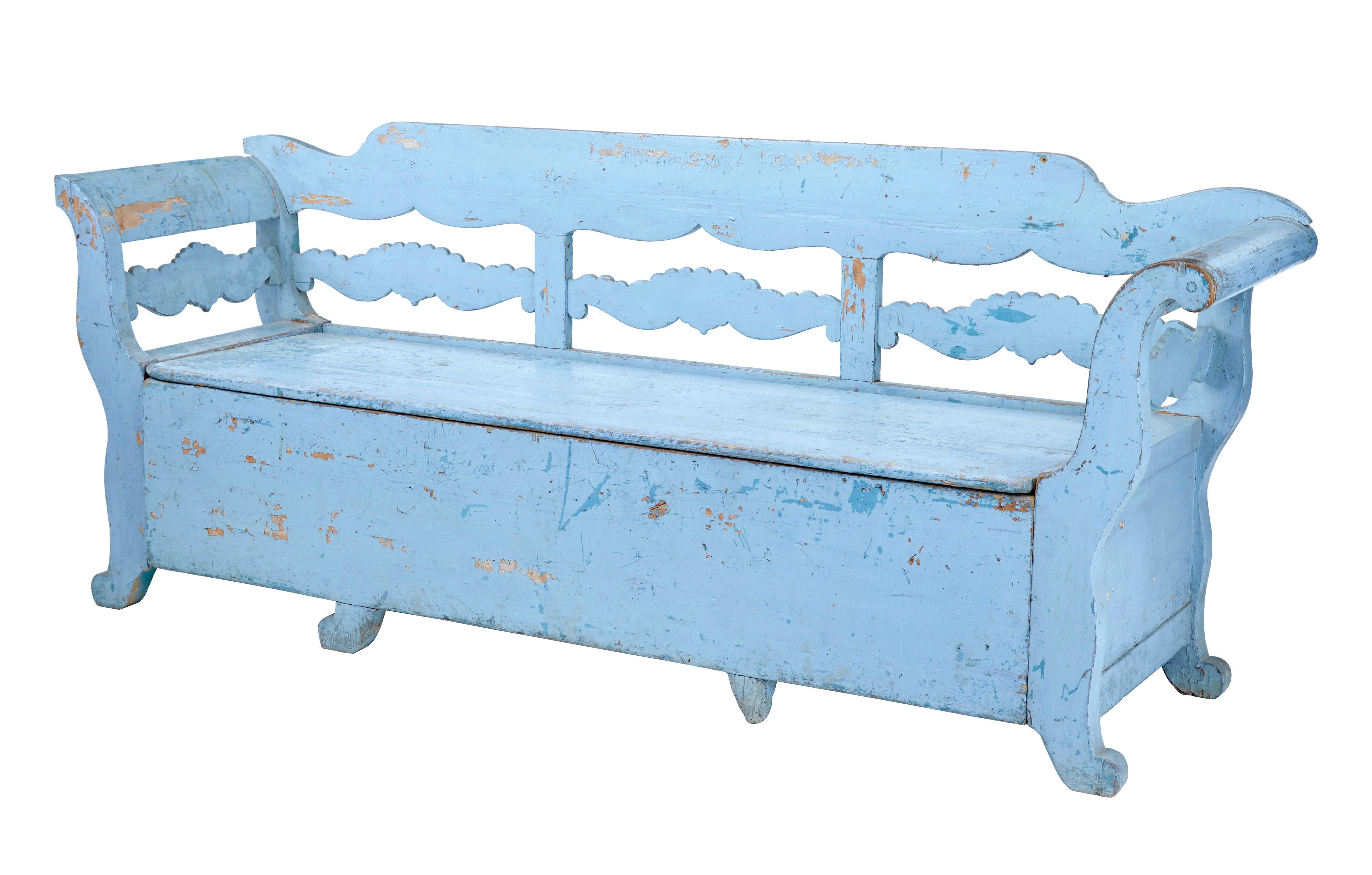 Large rustic Swedish pine bench / daybed, circa 1850.

Very heavy item. Ideal for a summer house or garden room. Lift up seat which allows the base to be pulled out to form a bed. N.B it no longer functions properly as a bed but is ideal storage