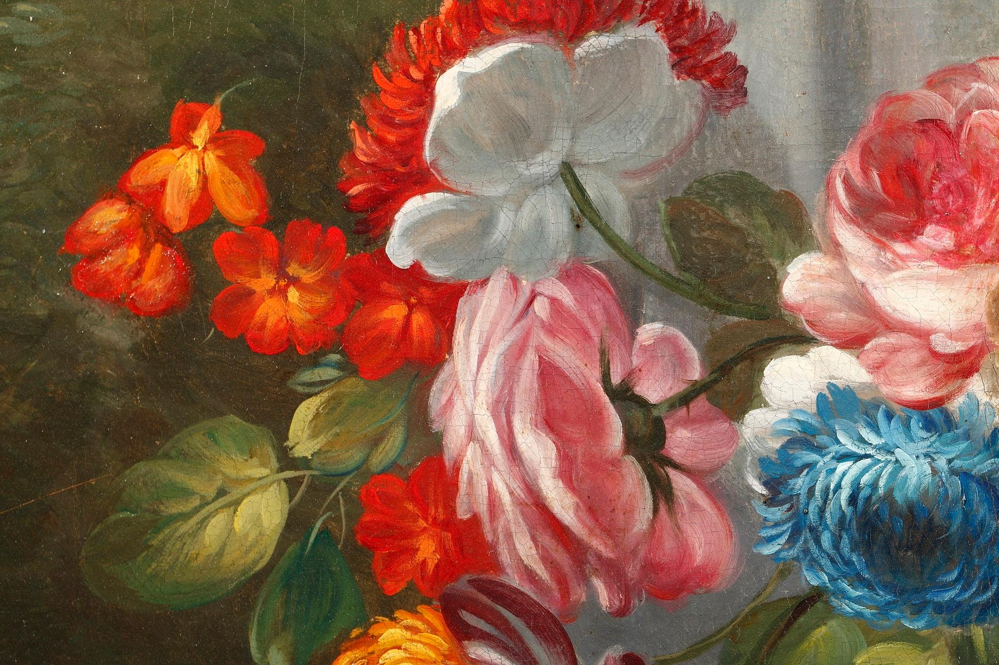 Large painting featuring a still life with fruits, roses, tulips, forget-me-not and other flowers in urns decorated with putti. The urns are set on columns, in a classical garden landscape. This baroque painting was realized in the mid-nineteenth