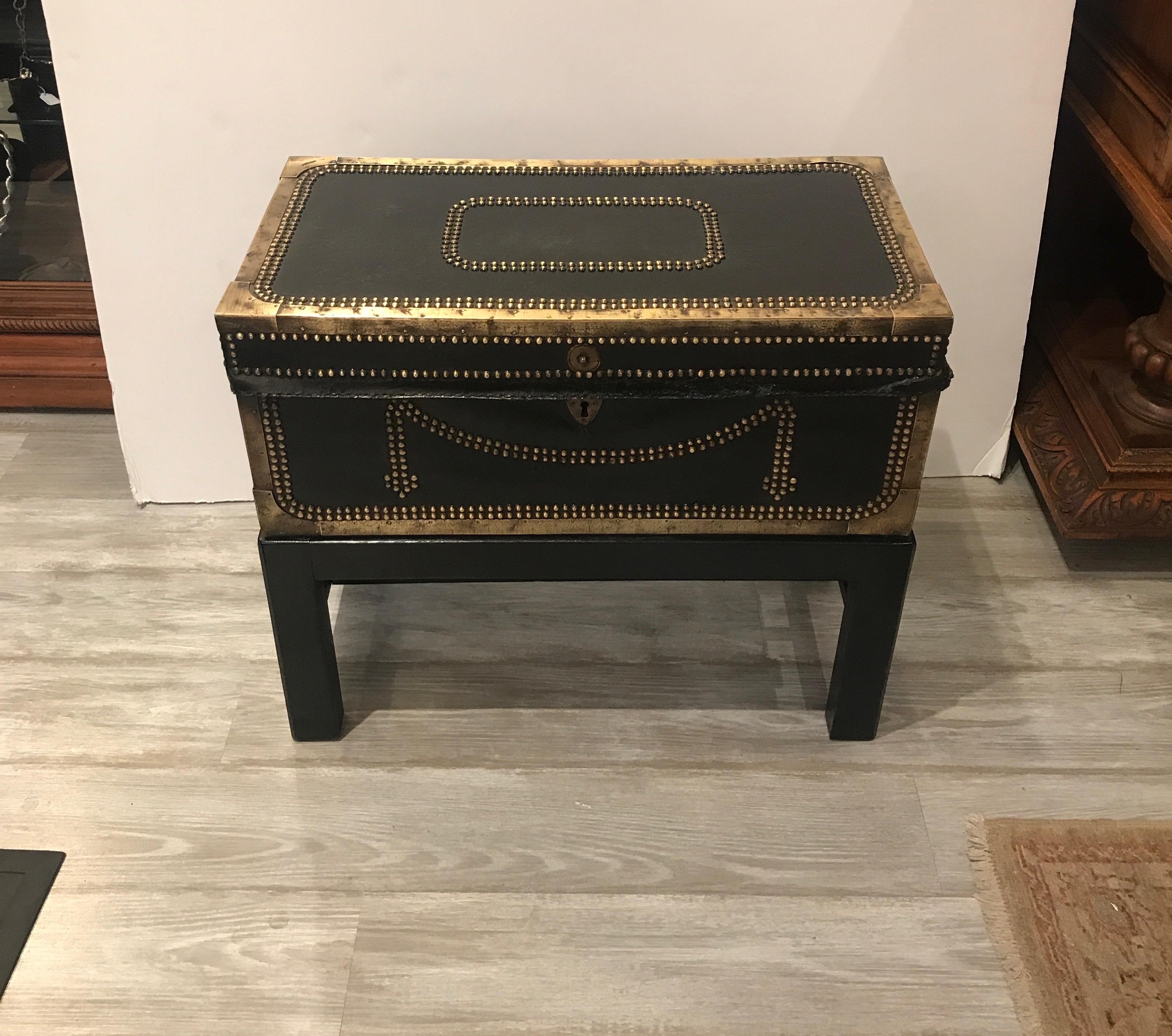 English Mid-19th Century Leather and Brass Mounted Box on Stand