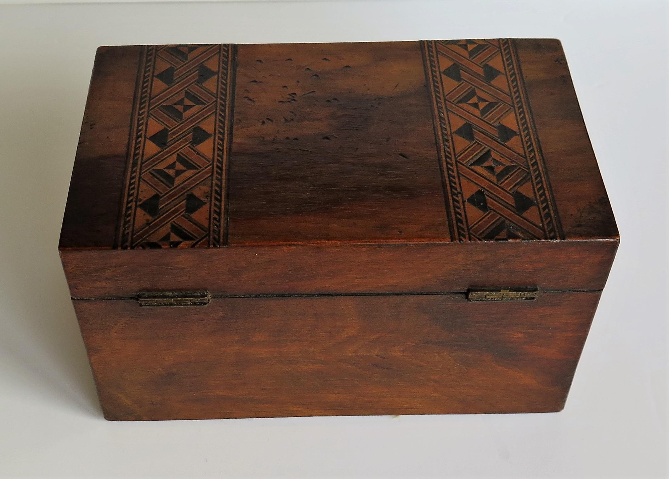 Brass Mid-19th Century Lidded Box Walnut with Parquetry Mosaic Inlay, Mid Victorian