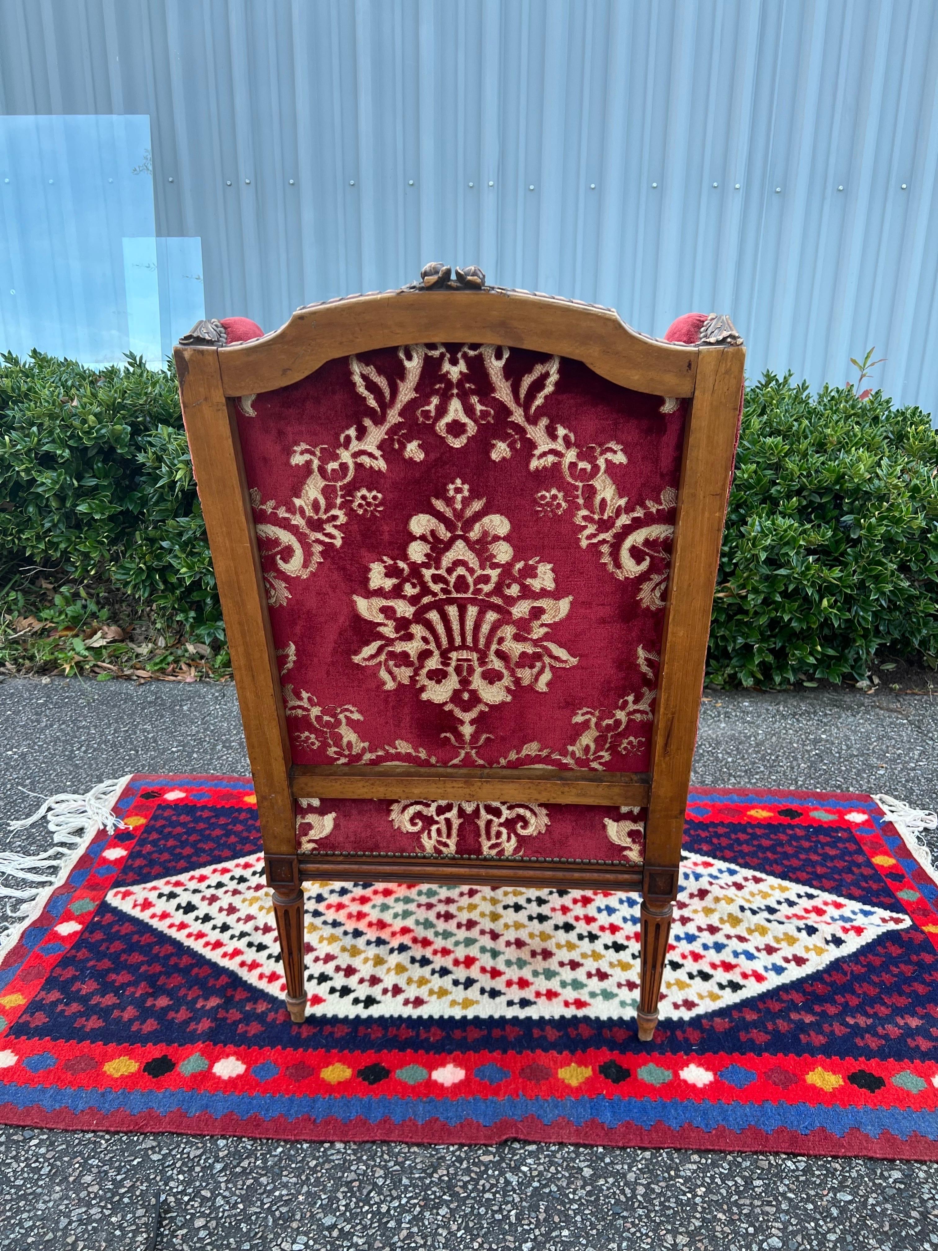 Mid 19th Century Louis XVI Red Velvet Damask Fireside Chair 4