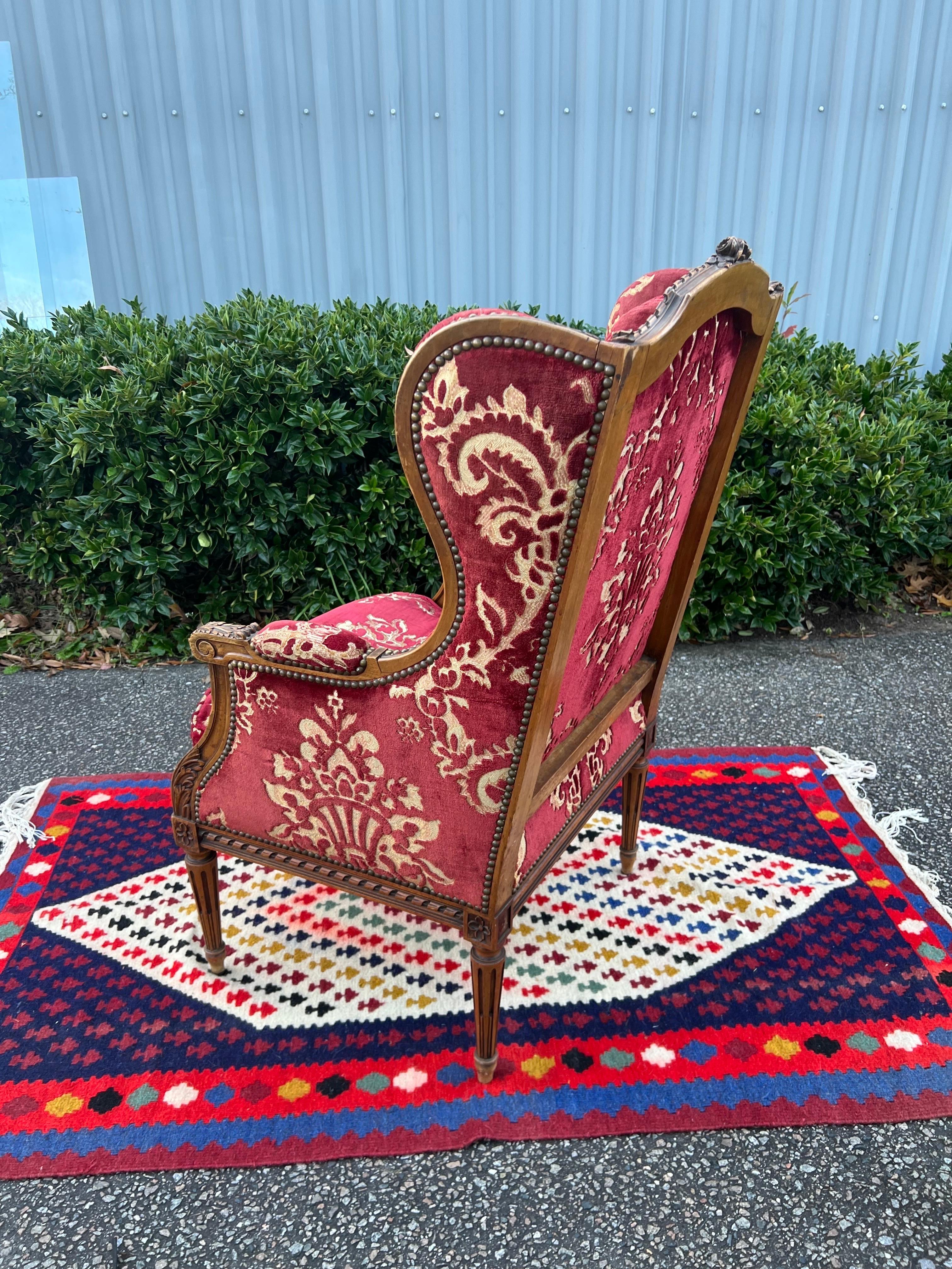 Mid 19th Century Louis XVI Red Velvet Damask Fireside Chair 5