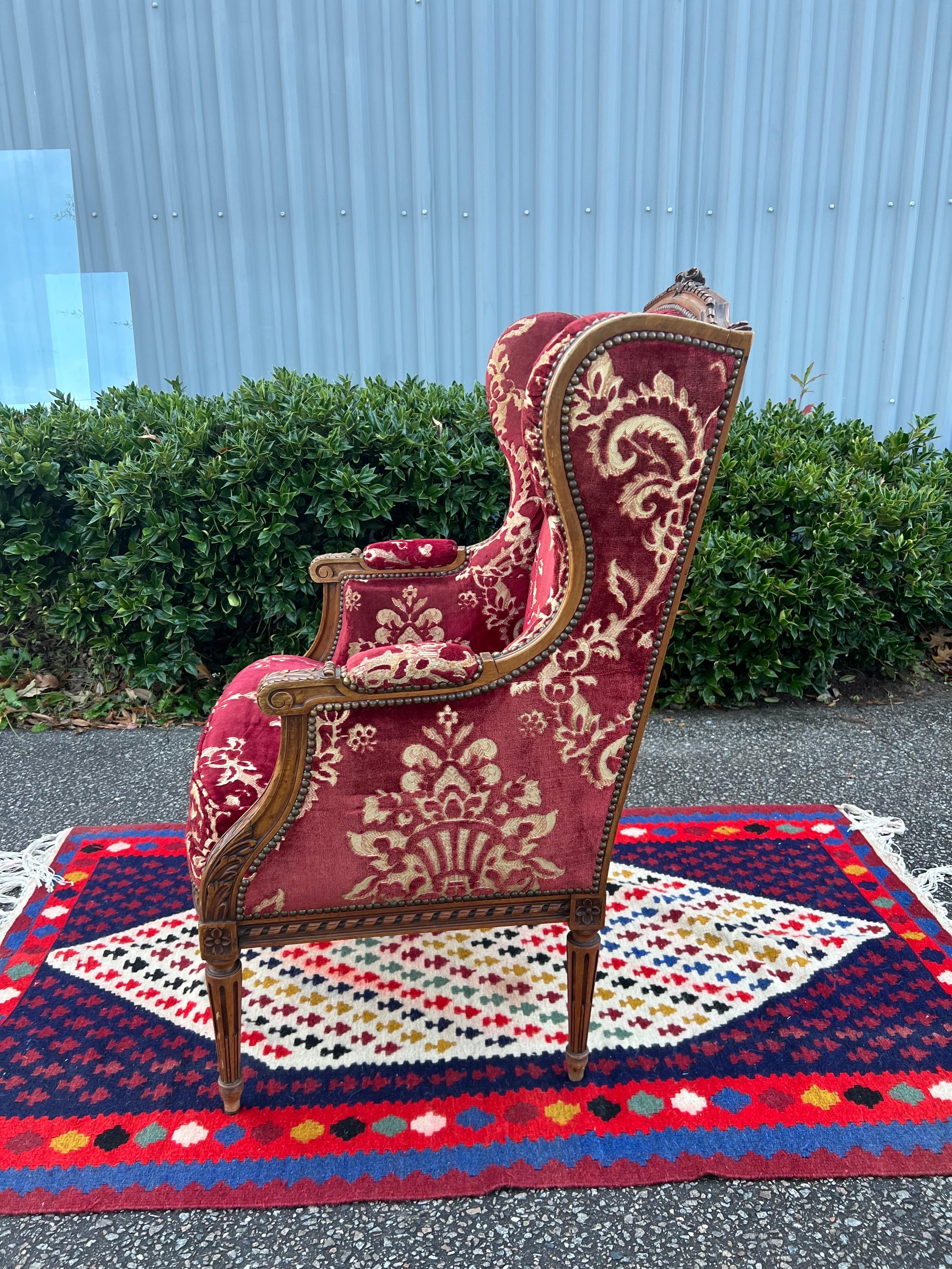 Mid 19th Century Louis XVI Red Velvet Damask Fireside Chair 6