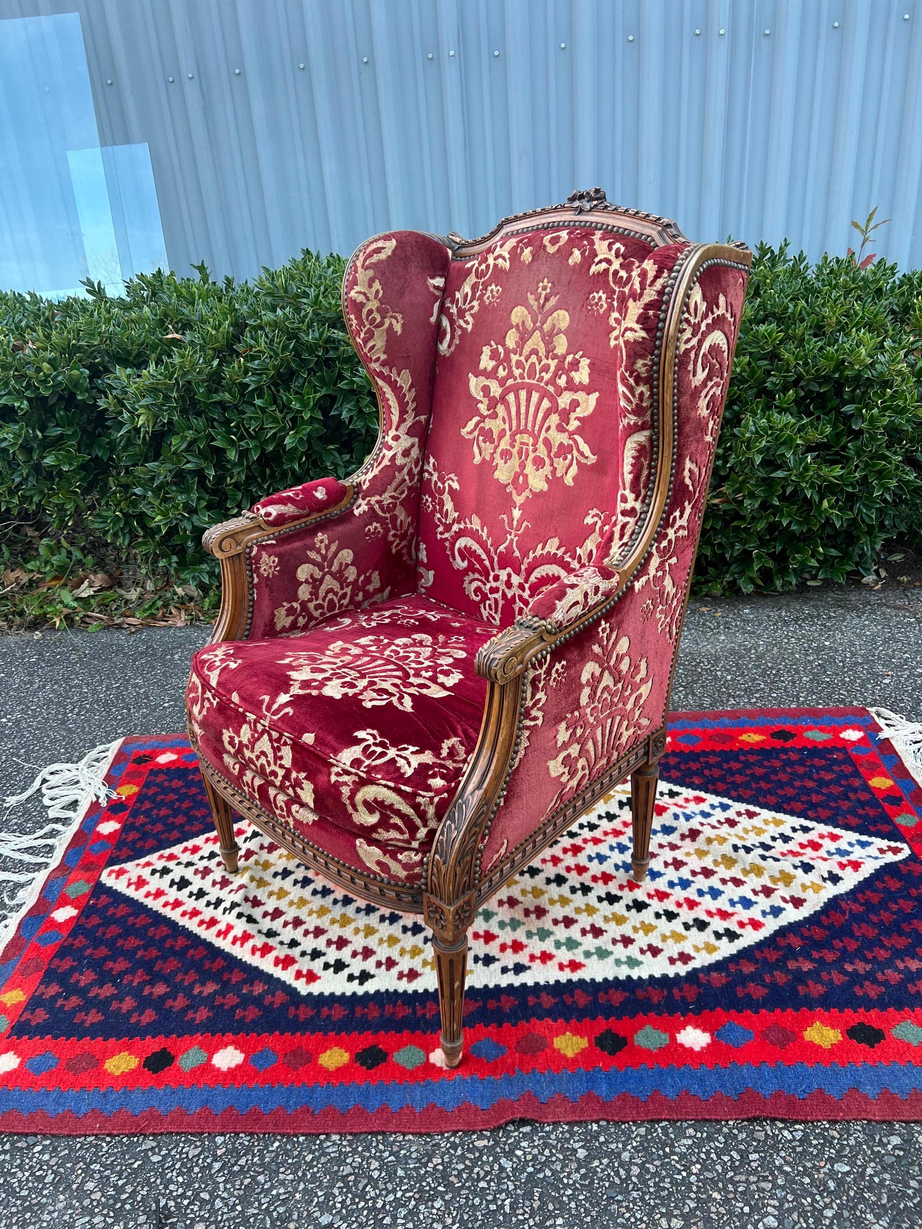 Mid 19th Century Louis XVI Red Velvet Damask Fireside Chair 8