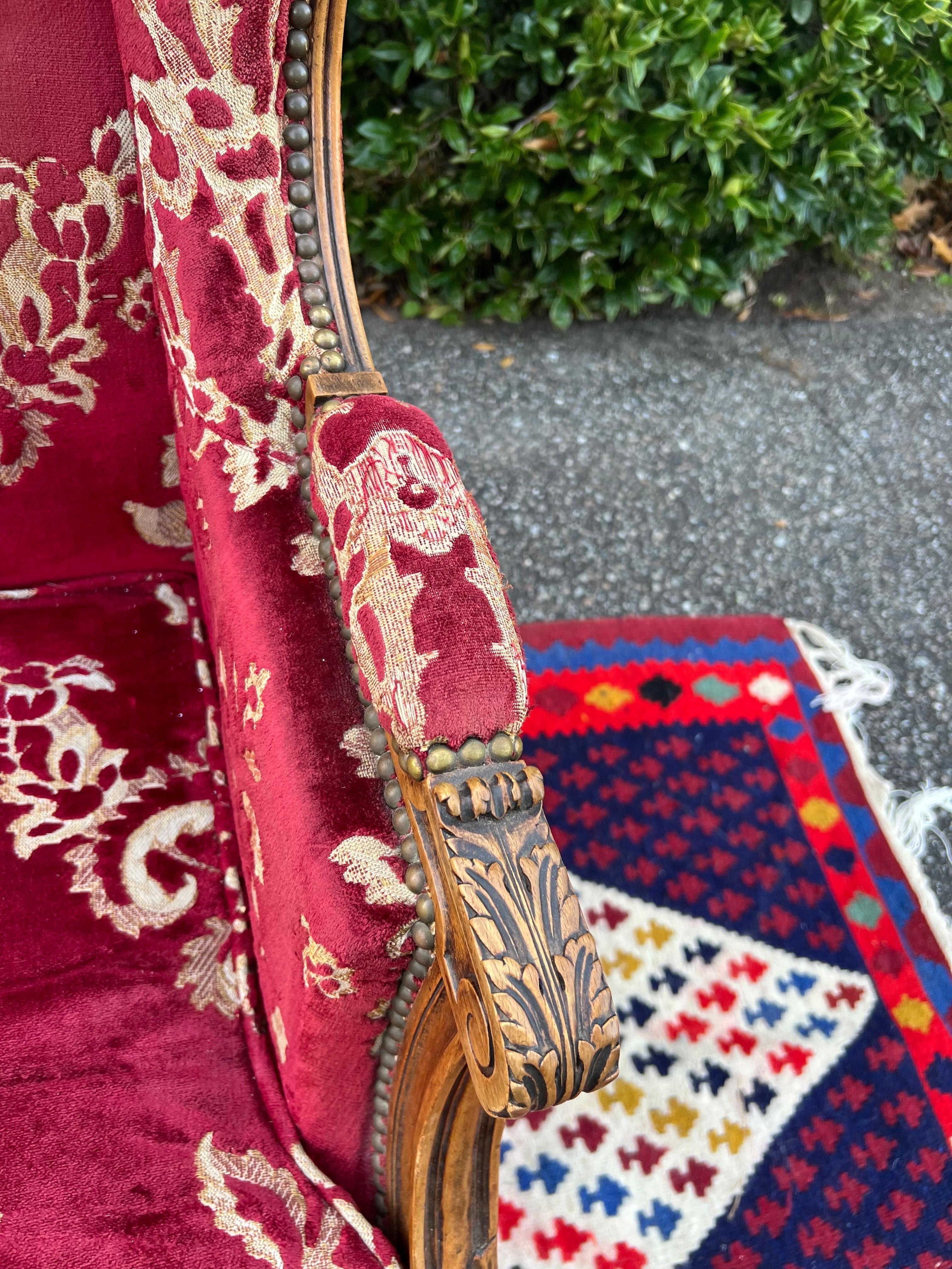 English Mid 19th Century Louis XVI Red Velvet Damask Fireside Chair