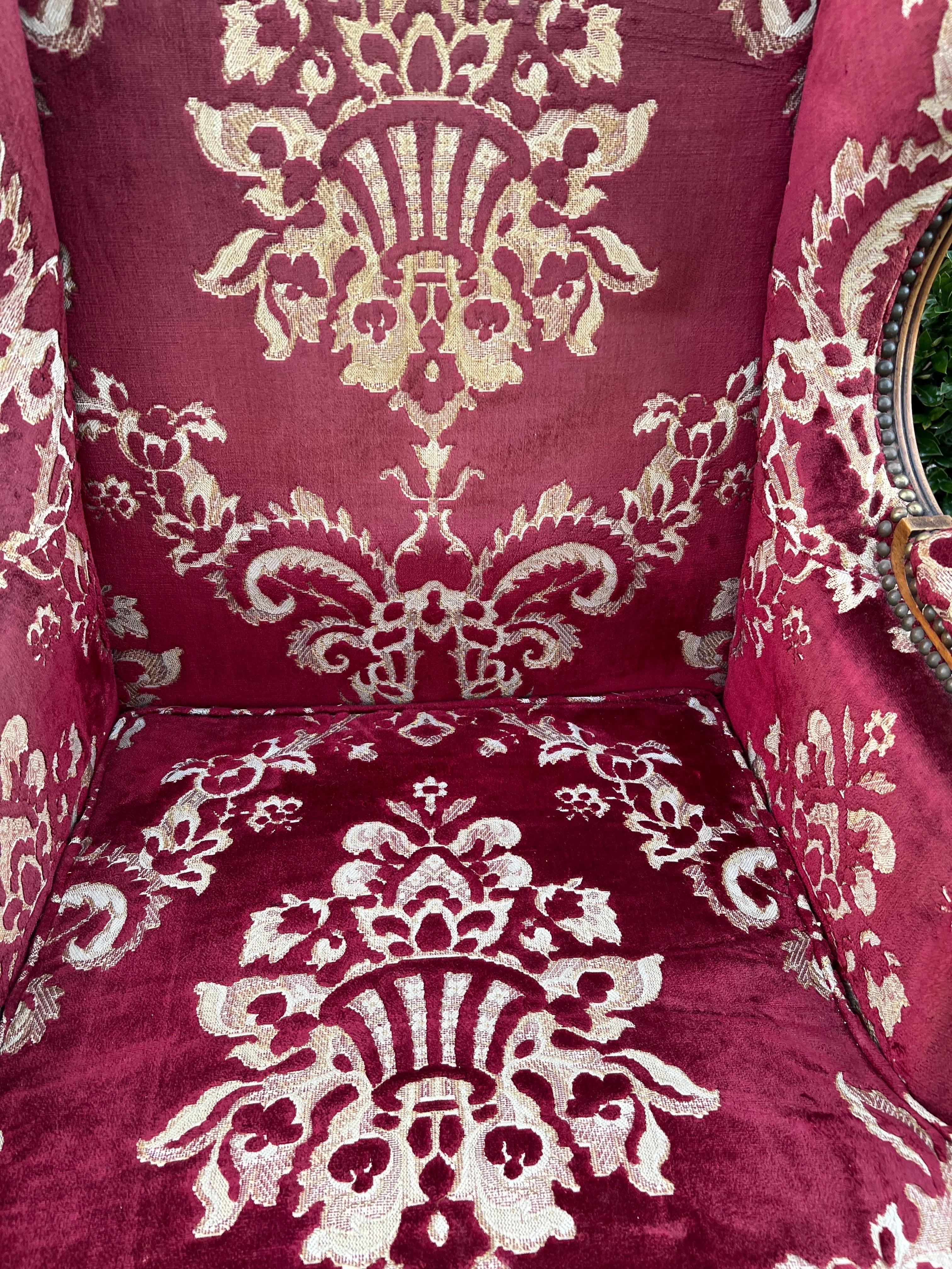 Mid 19th Century Louis XVI Red Velvet Damask Fireside Chair In Good Condition In Charleston, SC