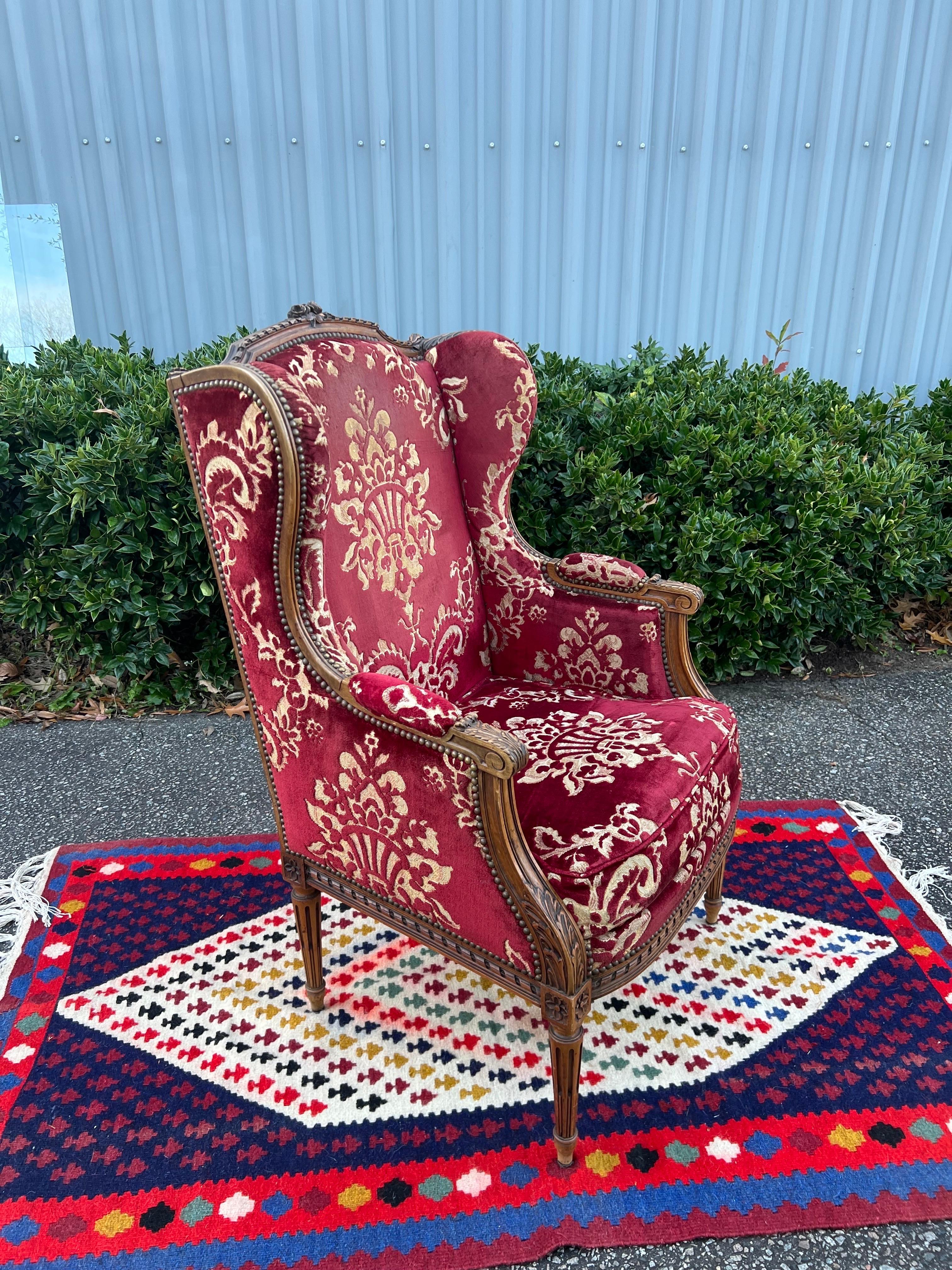 Cotton Mid 19th Century Louis XVI Red Velvet Damask Fireside Chair