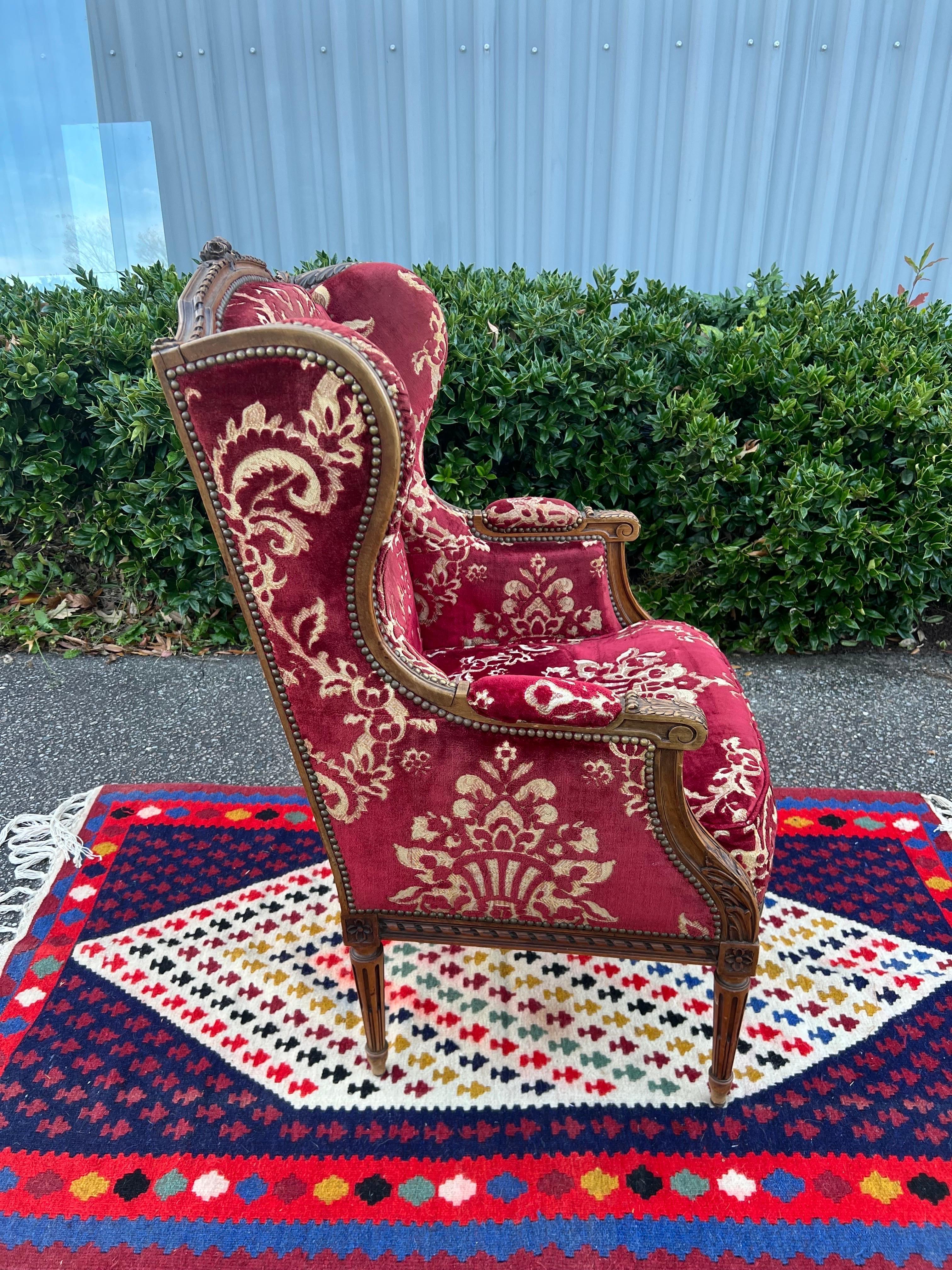 Mid 19th Century Louis XVI Red Velvet Damask Fireside Chair 2