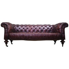 Antique Mid-19th Century Mackenzie & Mitchell of Edinburgh Button Maroon Leather Sofa 