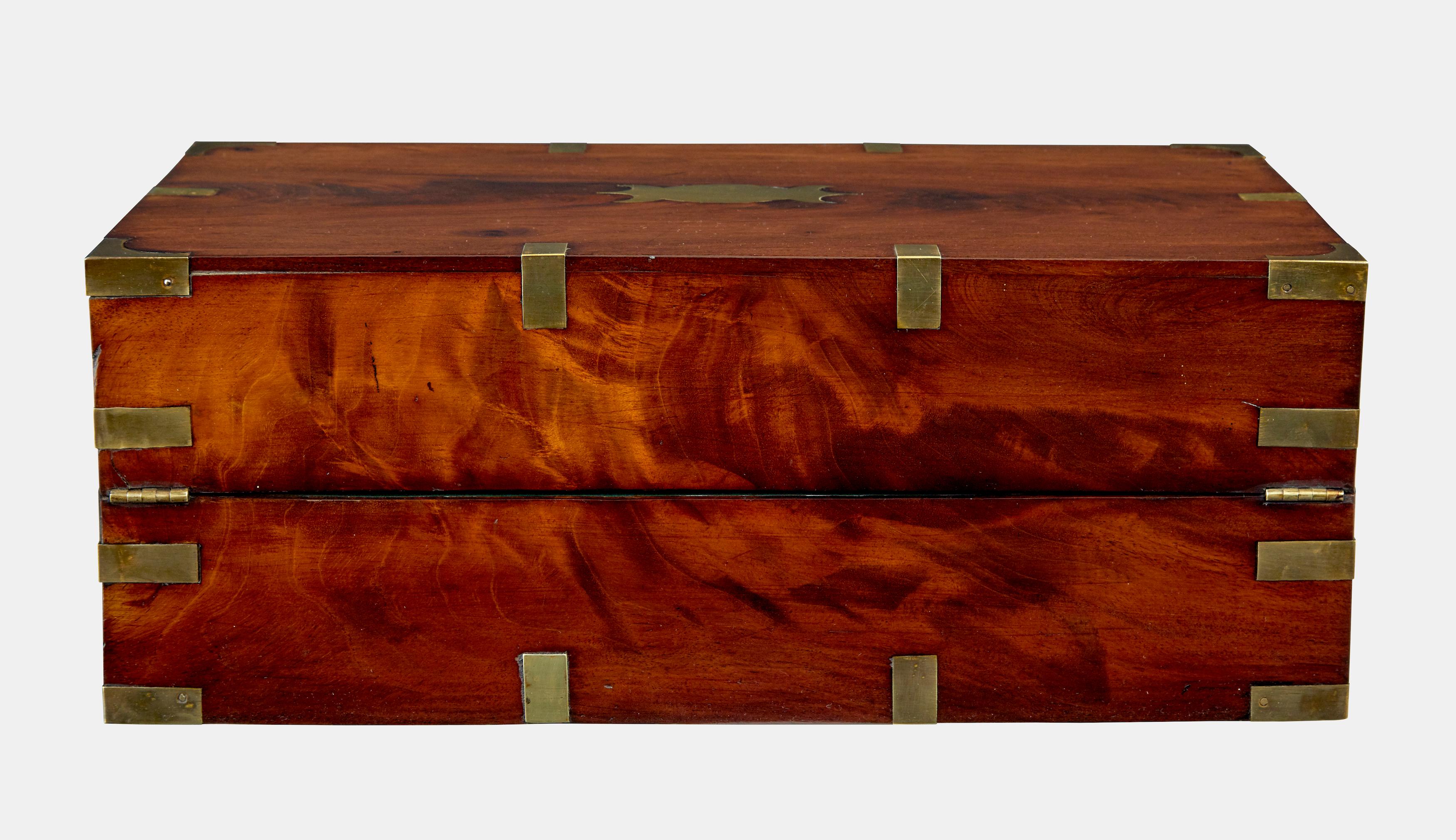 Campaign Mid 19th century mahogany brass bound campaign writing slope For Sale