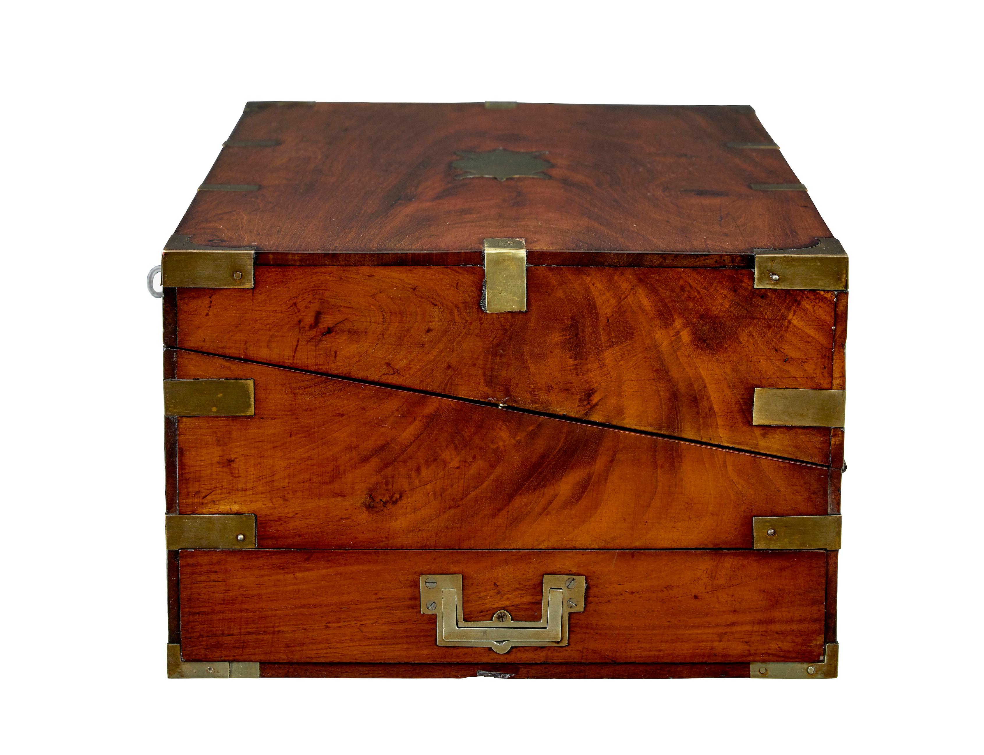 English Mid 19th century mahogany brass bound campaign writing slope For Sale