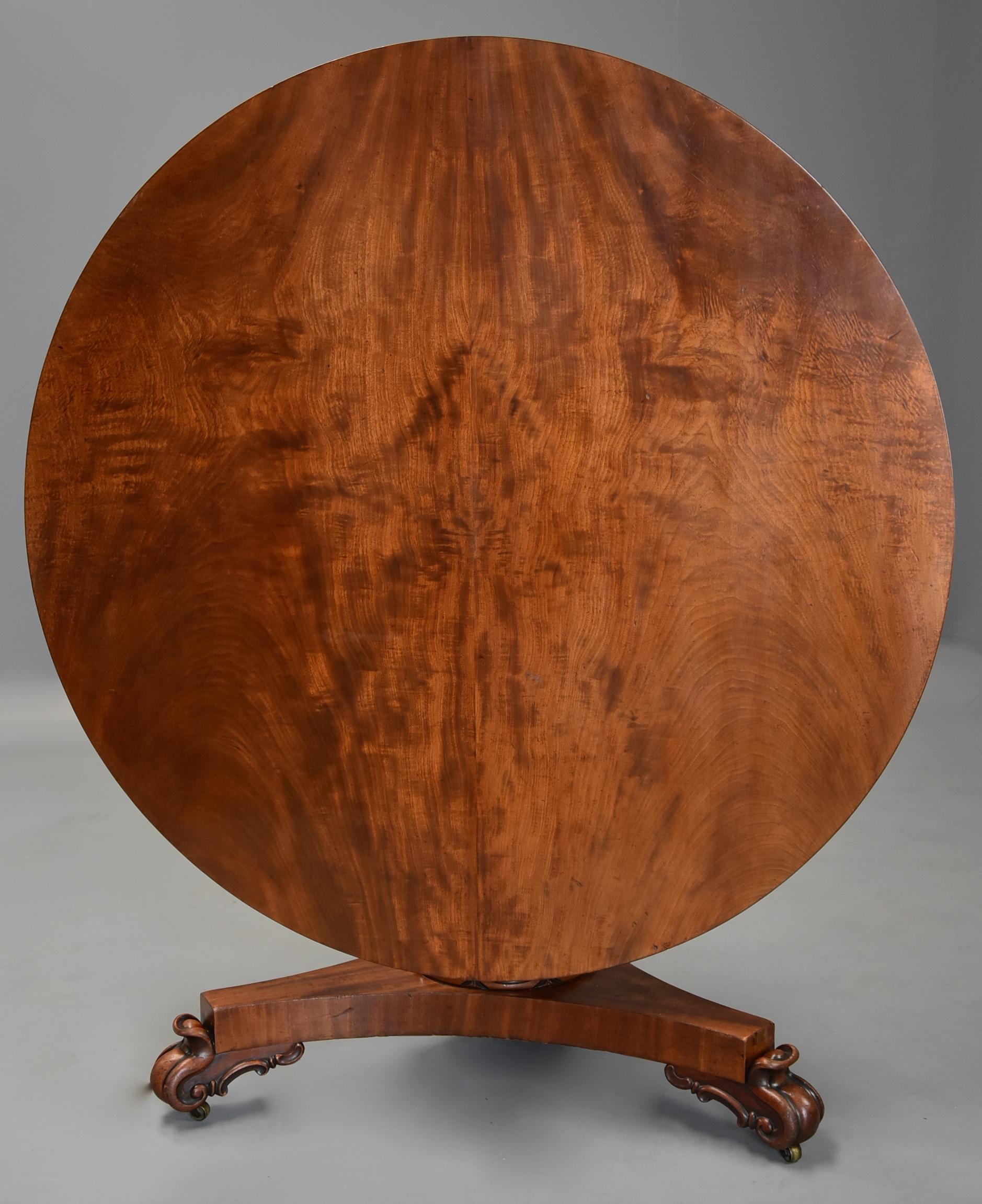 A mid-19th century mahogany centre (or breakfast) tilt top table of excellent patina.

This table consists of a circular finely figured mahogany top, cross banded edge leading down to a figured mahogany frieze with a moulded edge, all of excellent