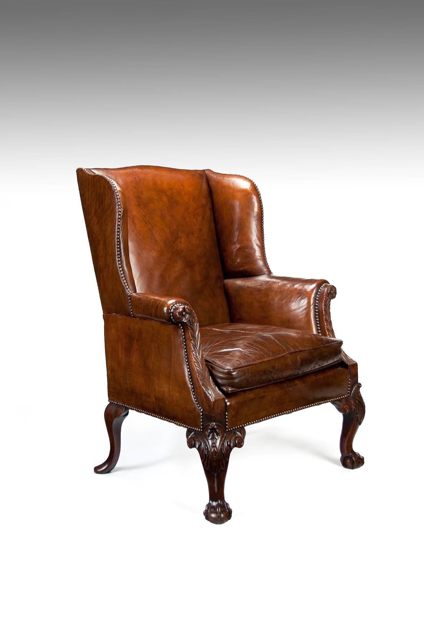 A fine and rare mid-19th century mahogany leather upholstered wing-backed armchair / Gainsborough chair circa 1850.

This extremely well-drawn chair has superb proportions with a good wide seat. 
Retaining a beautiful old leather, the slightly domed