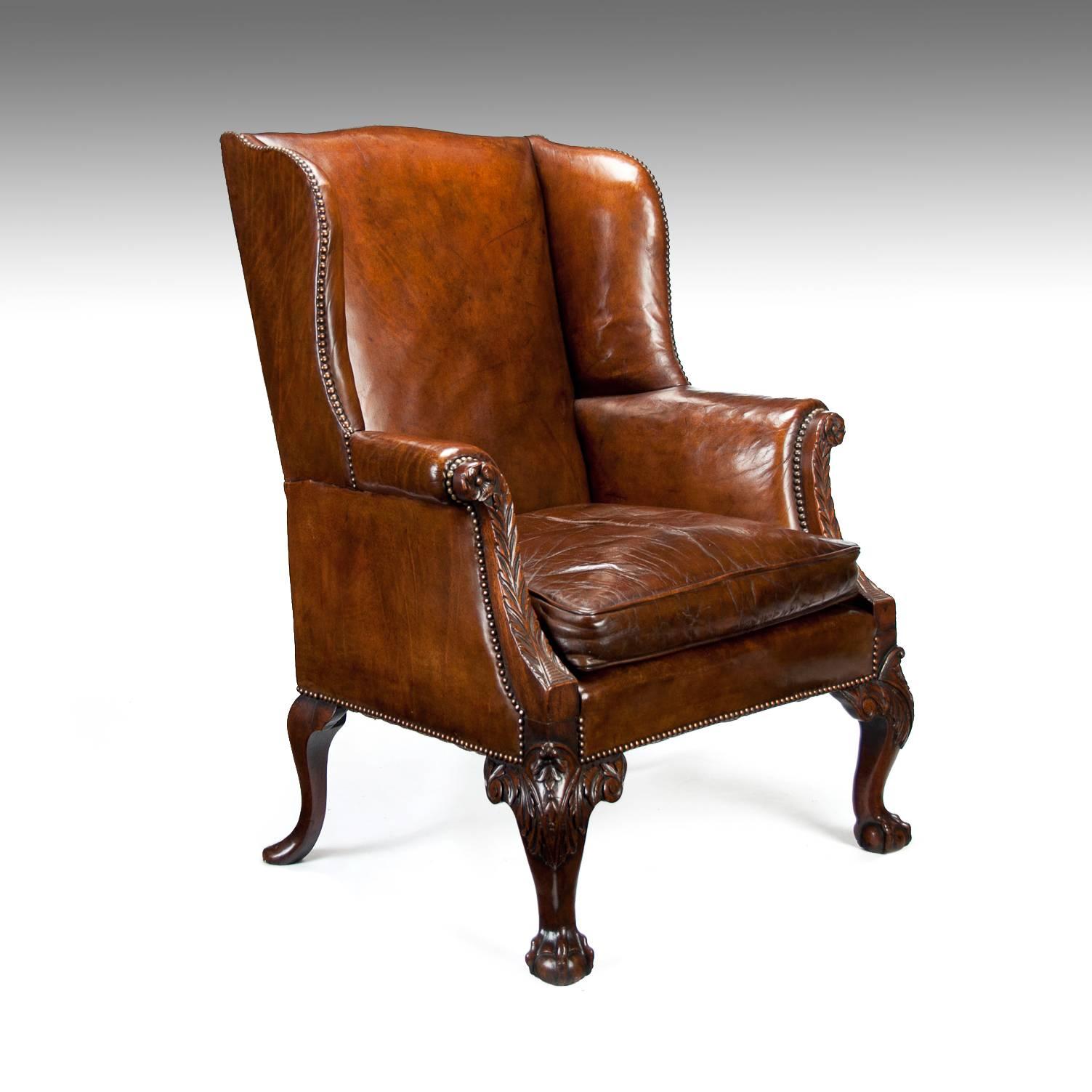 Georgian Mid-19th Century Mahogany Leather Wing Armchair