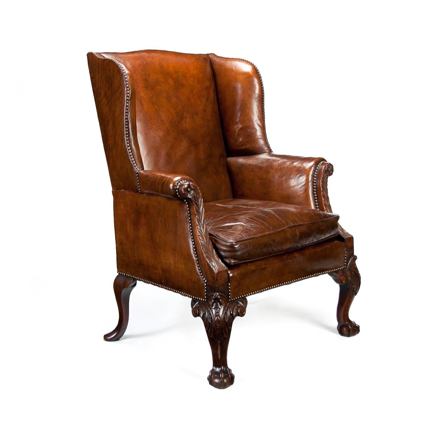 English Mid-19th Century Mahogany Leather Wing Armchair