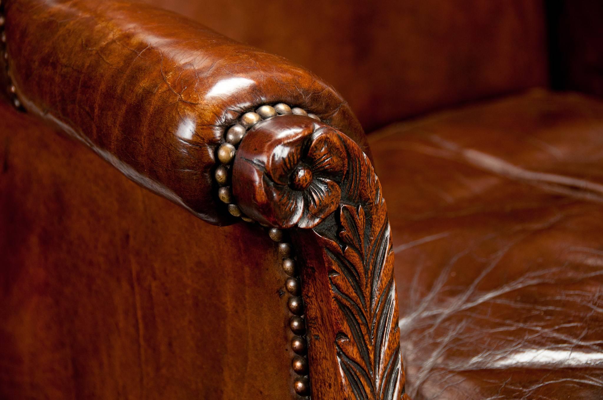 Hand-Carved Mid-19th Century Mahogany Leather Wing Armchair