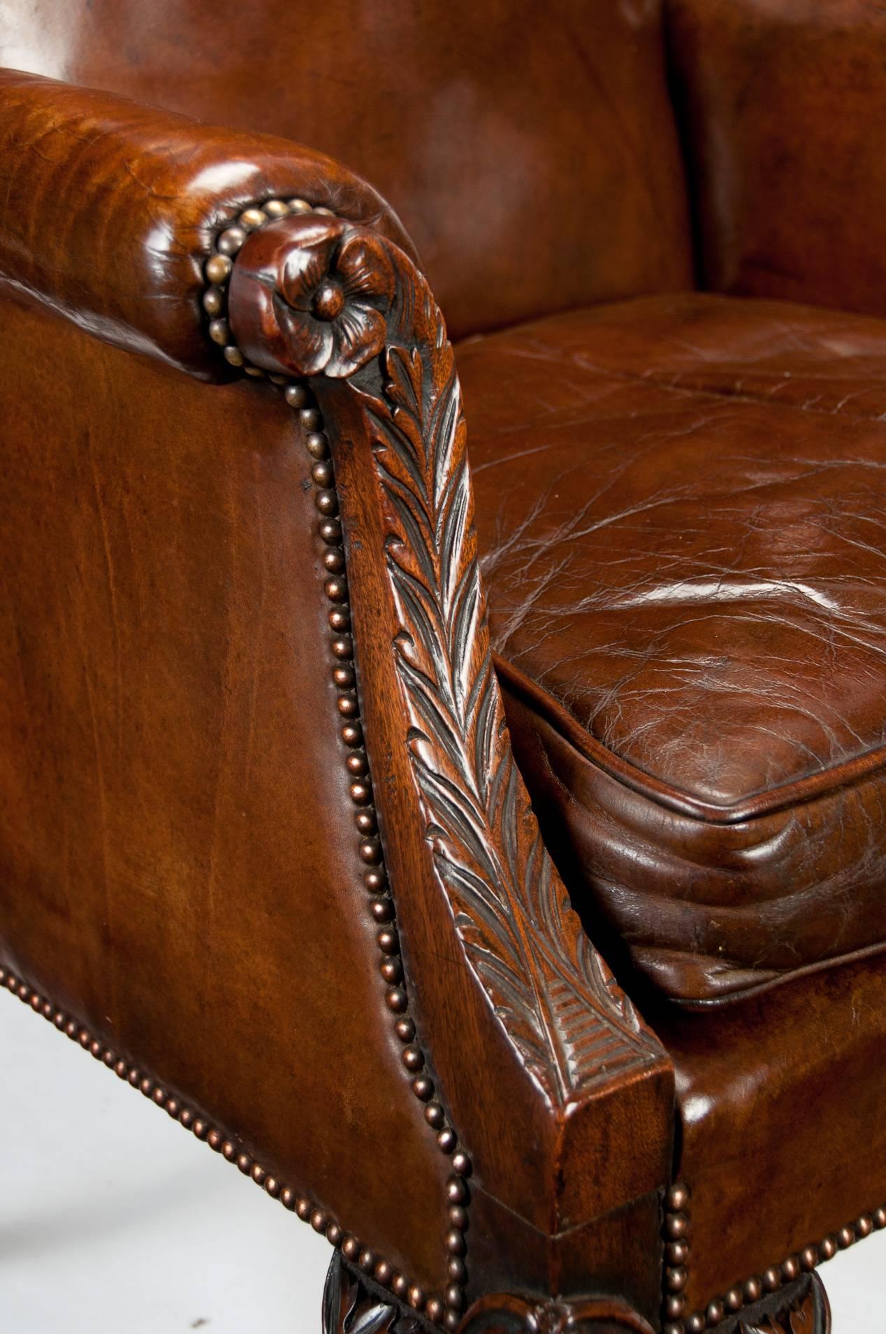 Mid-19th Century Mahogany Leather Wing Armchair In Excellent Condition In Benington, Herts