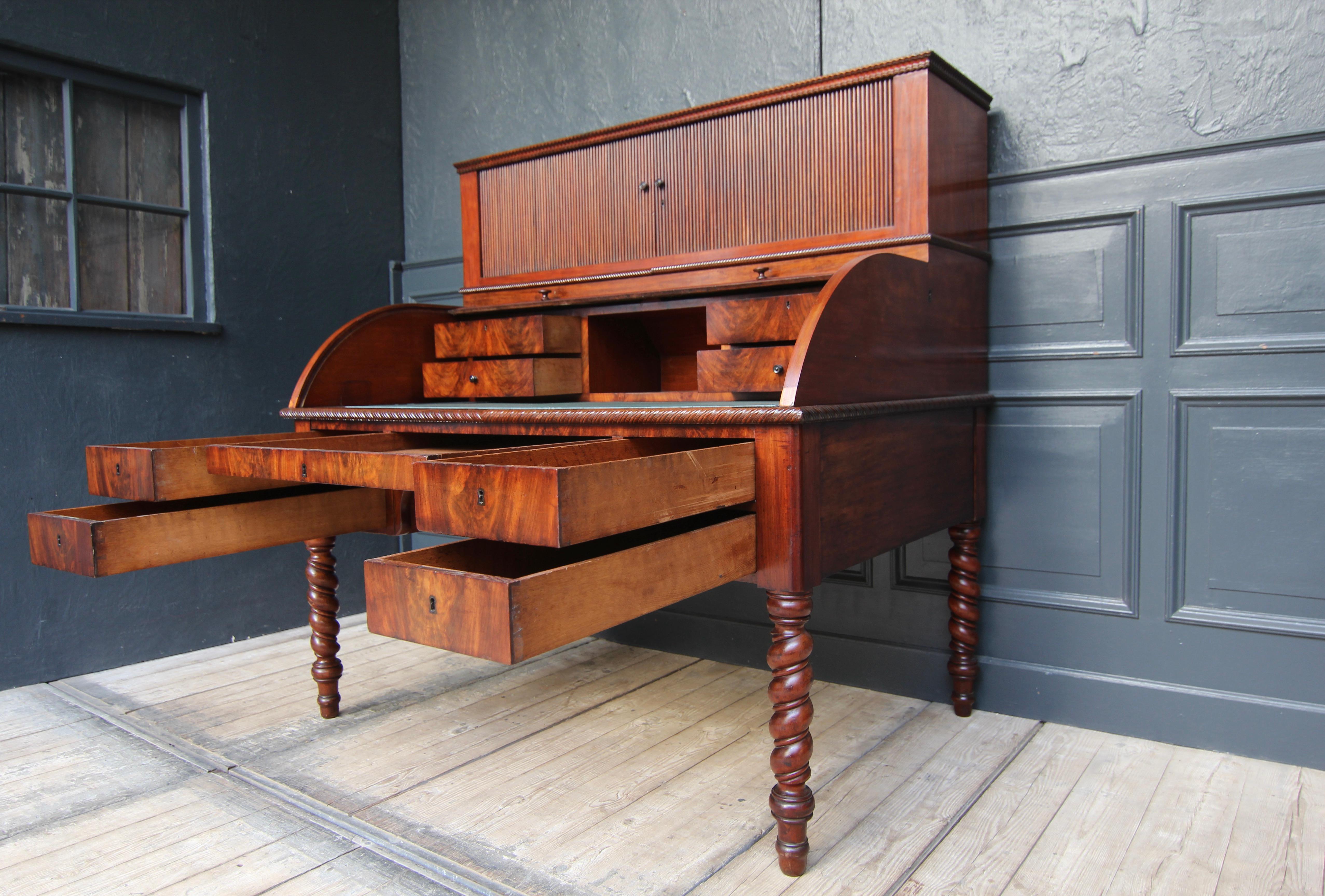 French Mid 19th Century Mahogany Roll Top Writing Desk For Sale
