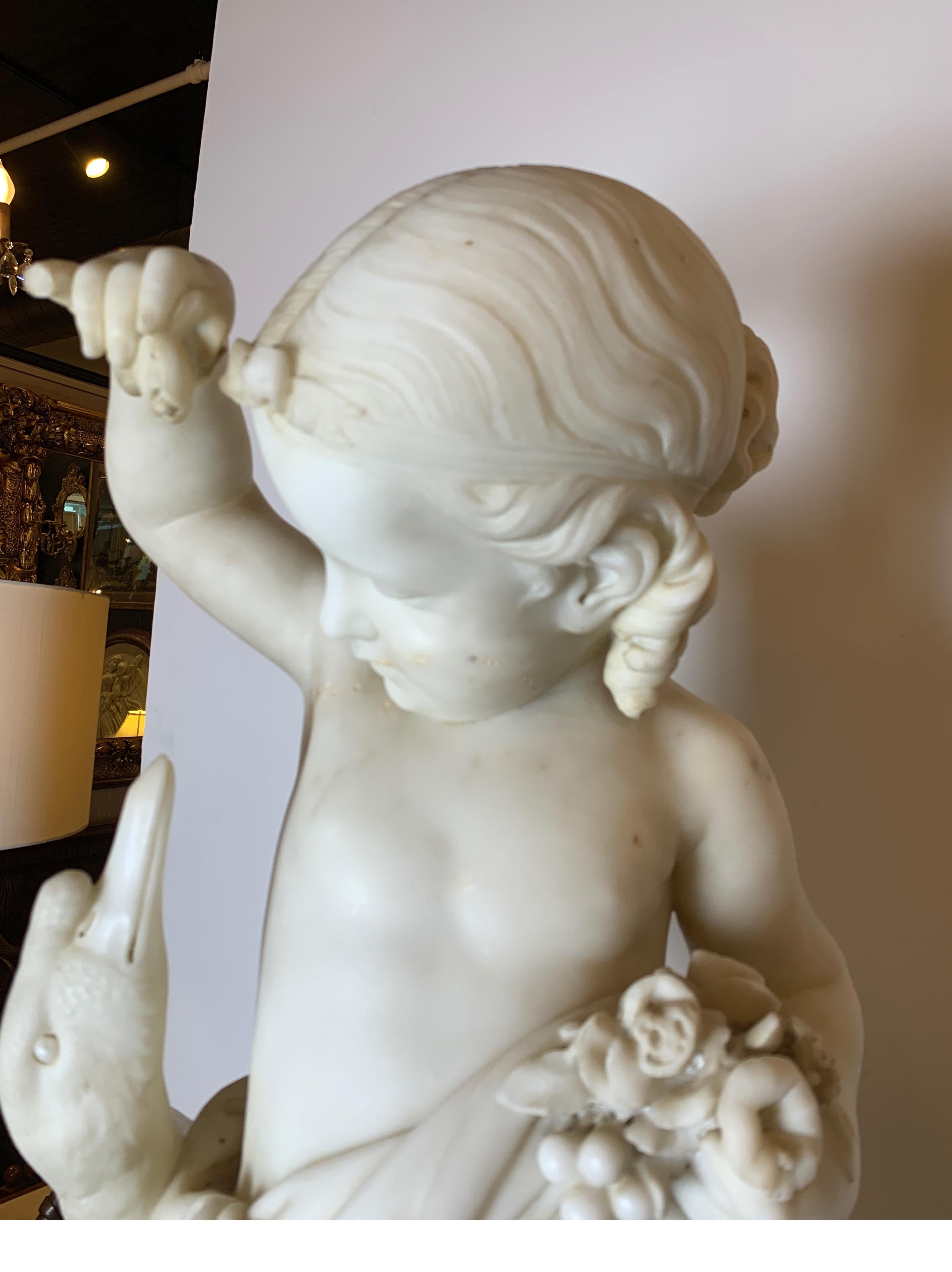 Hand-Carved Mid-19th Century Marble Sculpture of a Young Leda and the Swan, Italy