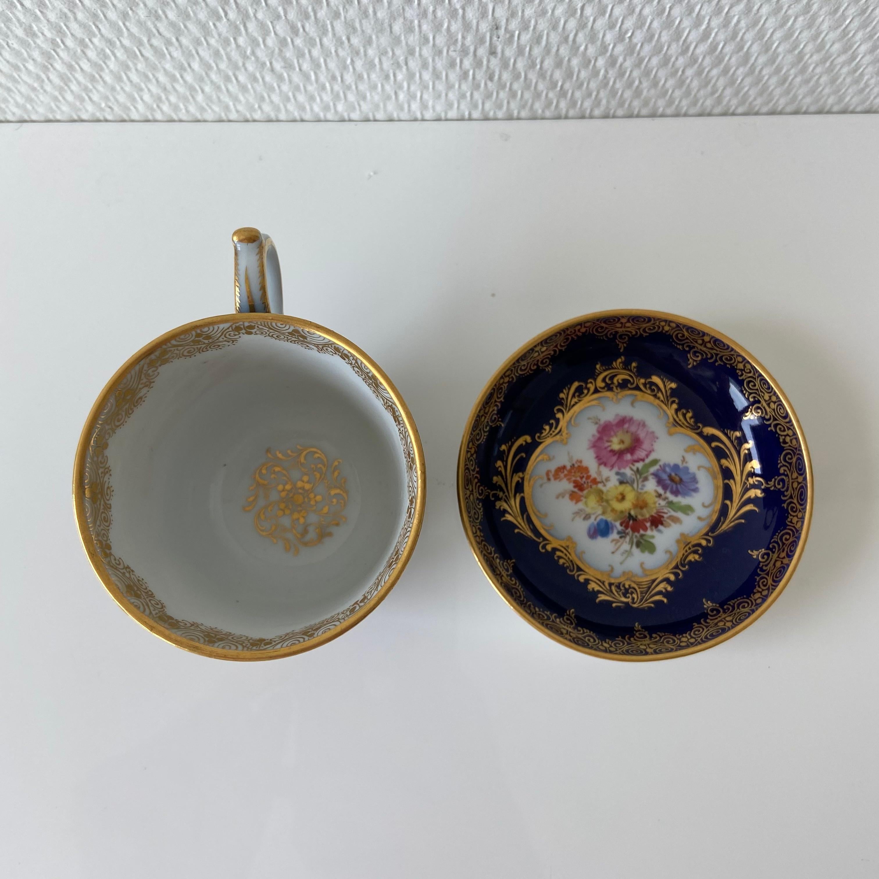 German Mid-19th Century Meissen Cobalt Blue with Scene Painting Coffee Cup Saucer For Sale
