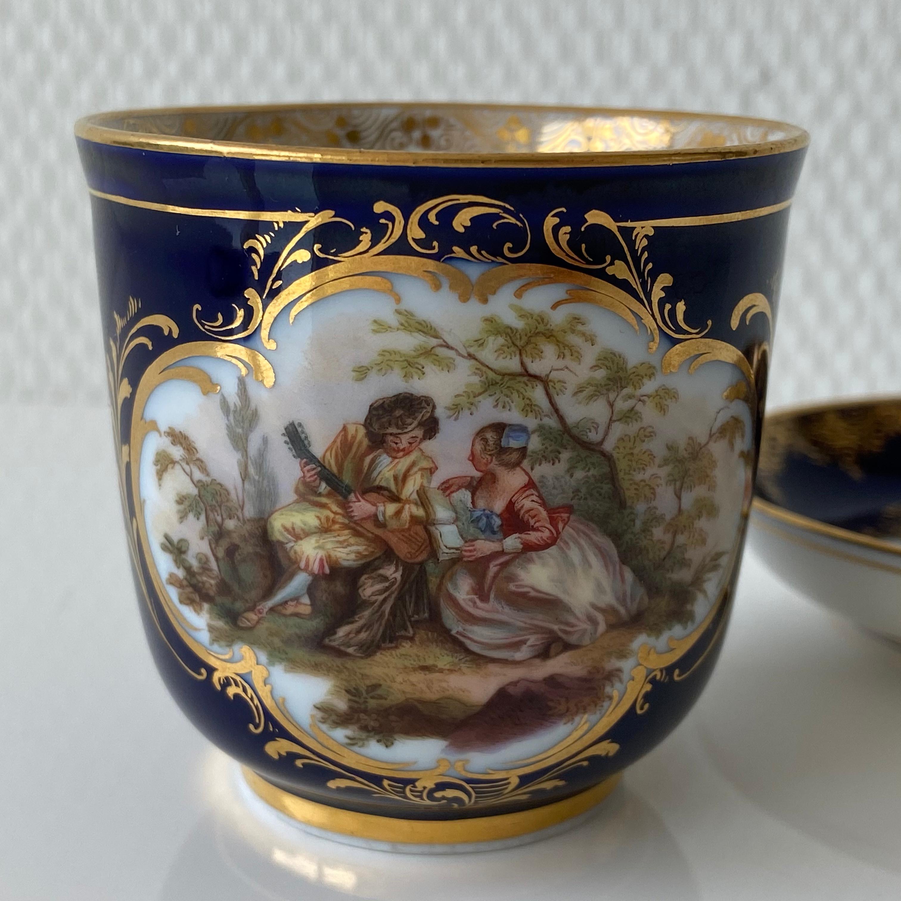 Hand-Painted Mid-19th Century Meissen Cobalt Blue with Scene Painting Coffee Cup Saucer For Sale