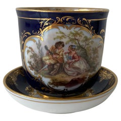 Mid-19th Century Meissen Cobalt Blue with Scene Painting Coffee Cup Saucer