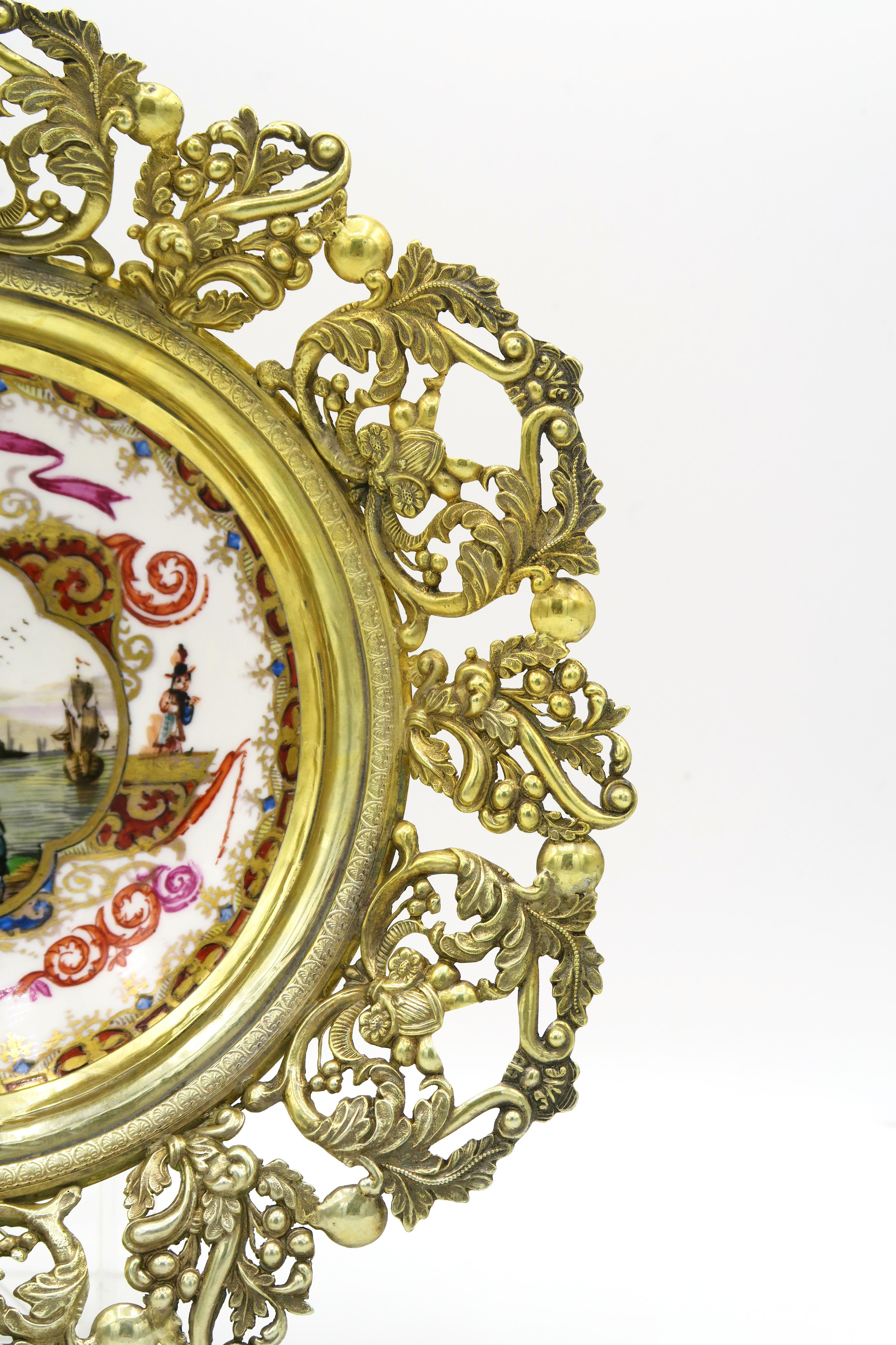 German Mid-19th Century Meissen Plate with Landscape Painting and Hollow Gilded Frame For Sale