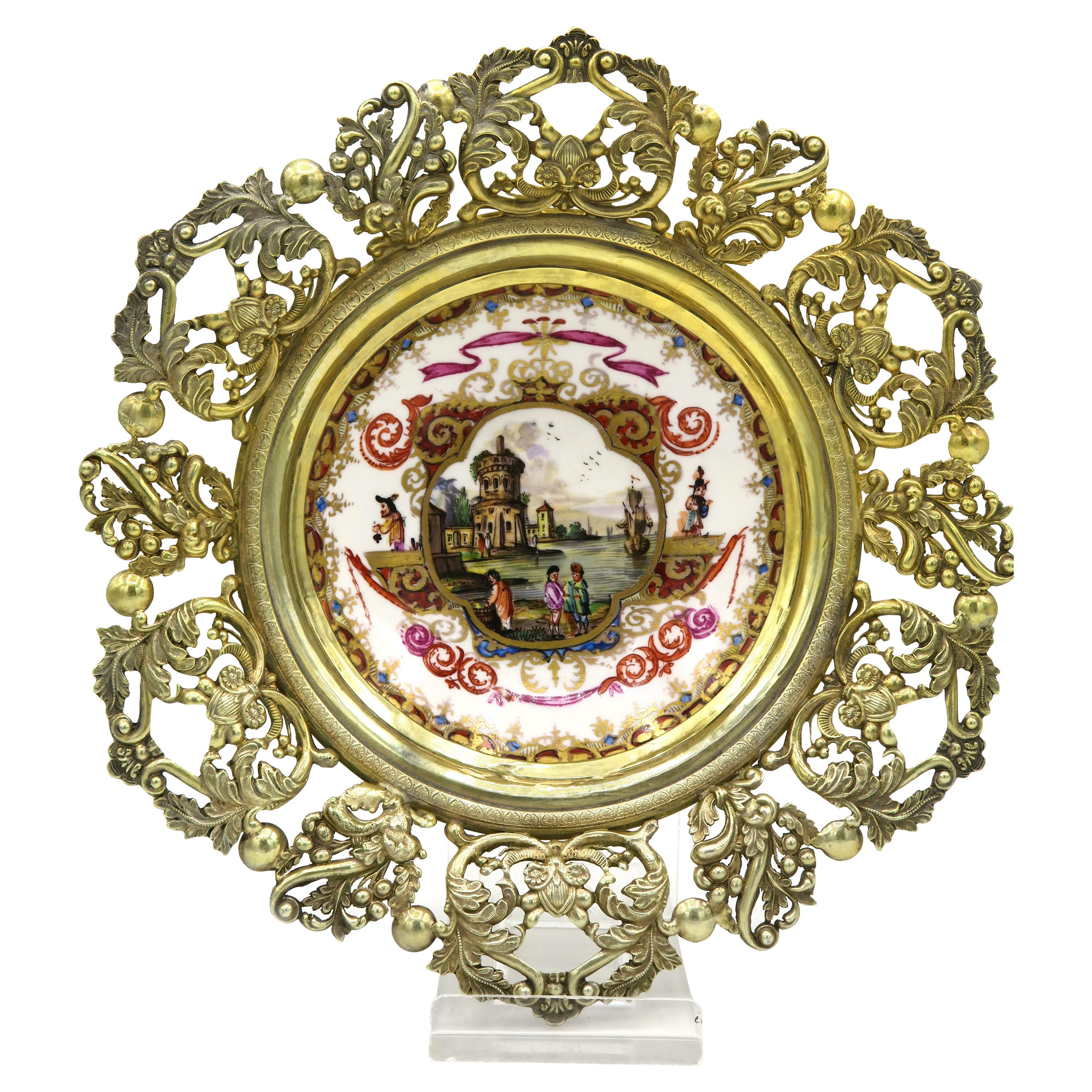 Mid-19th Century Meissen Plate with Landscape Painting and Hollow Gilded Frame For Sale