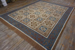 1860s Ivory Geometric Qing Antique Chinese Mongolian Carpet 10'4"x13'4" Wool Rug