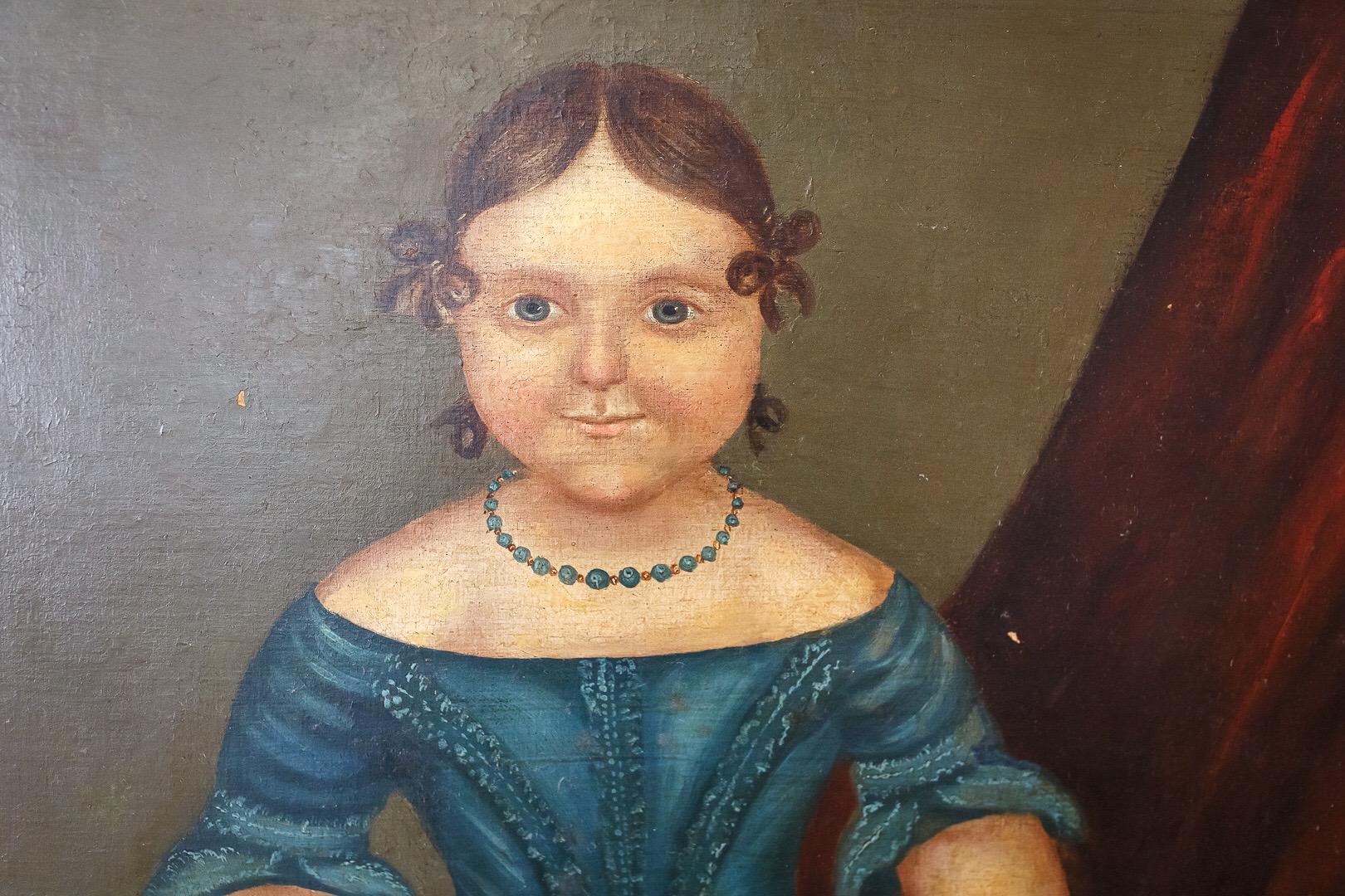 Painted Mid-19th Century Naive Girl and Cat Portrait