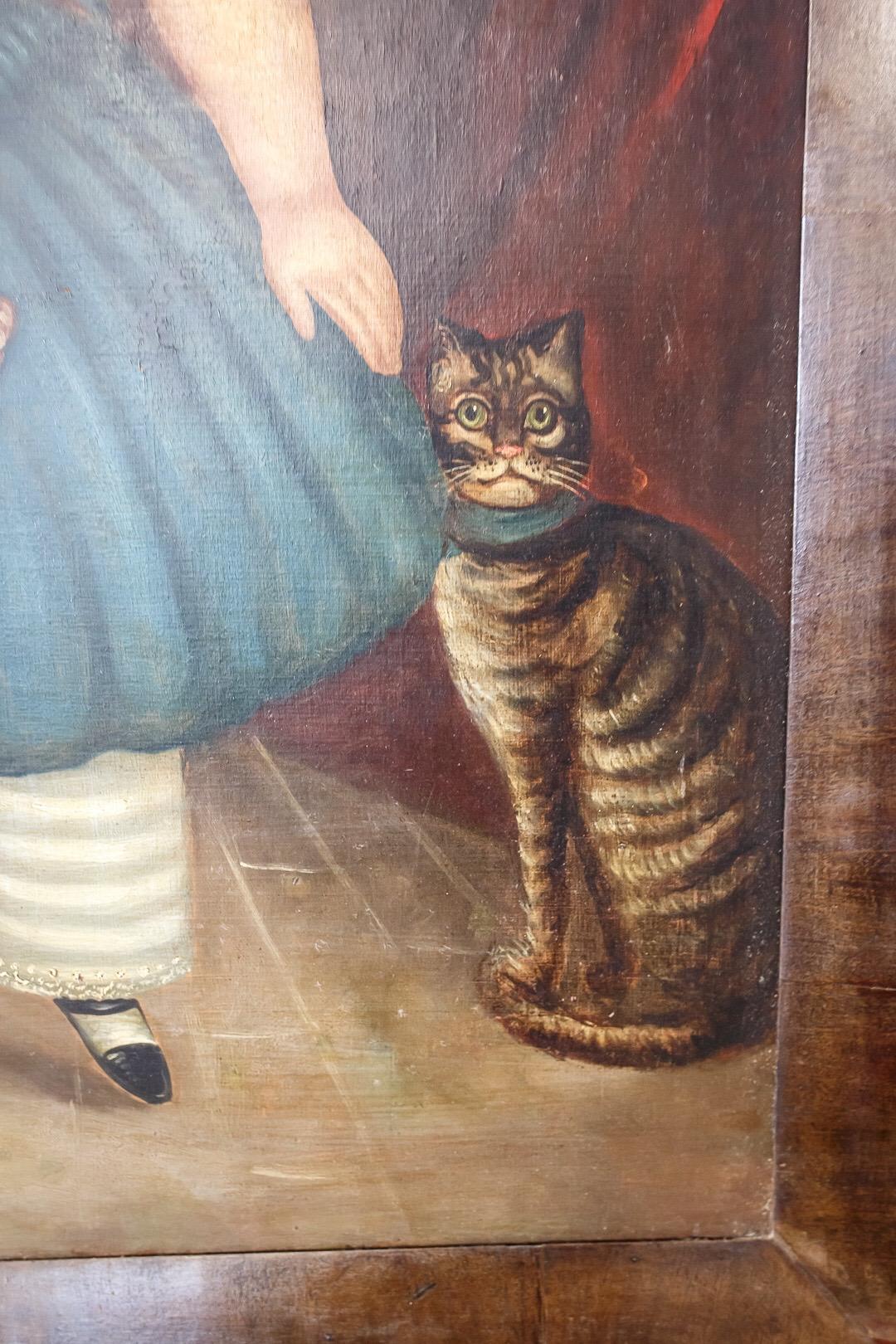 Canvas Mid-19th Century Naive Girl and Cat Portrait