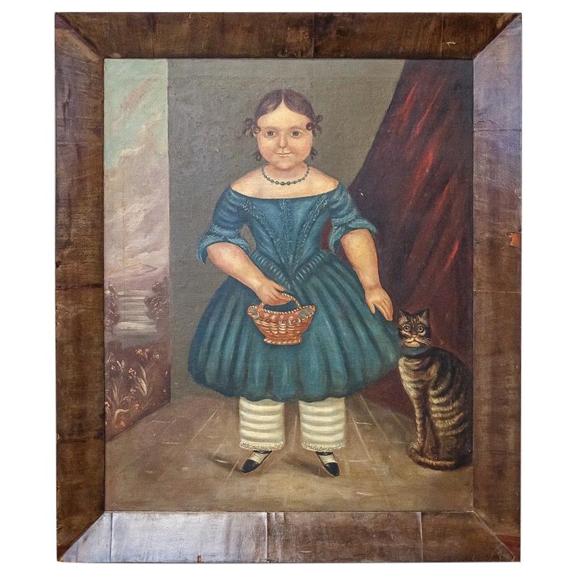 Mid-19th Century Naive Girl and Cat Portrait