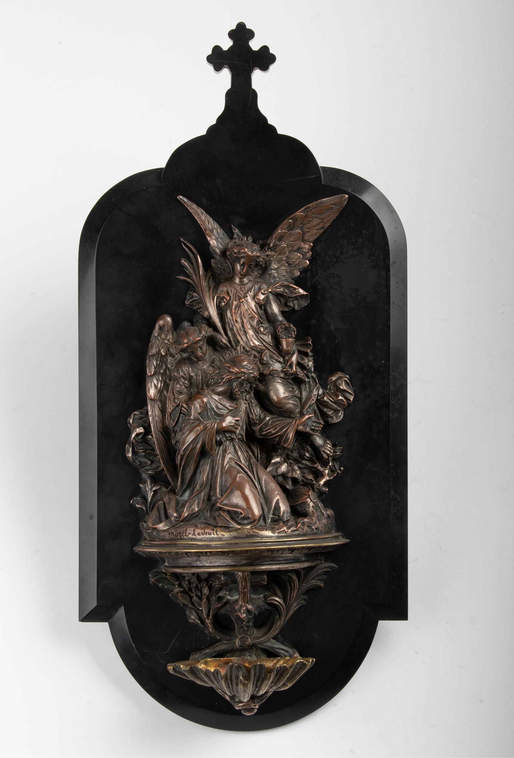 A fine French holy water font made of casted bronze, mounted on a black Belgian marble. Signed by Léonard Morel-Ladeuil. 
Depicting the 'Agony of Christ in the garden of Gethsemane'. Jesus, praying and begged God to release him from the terrible